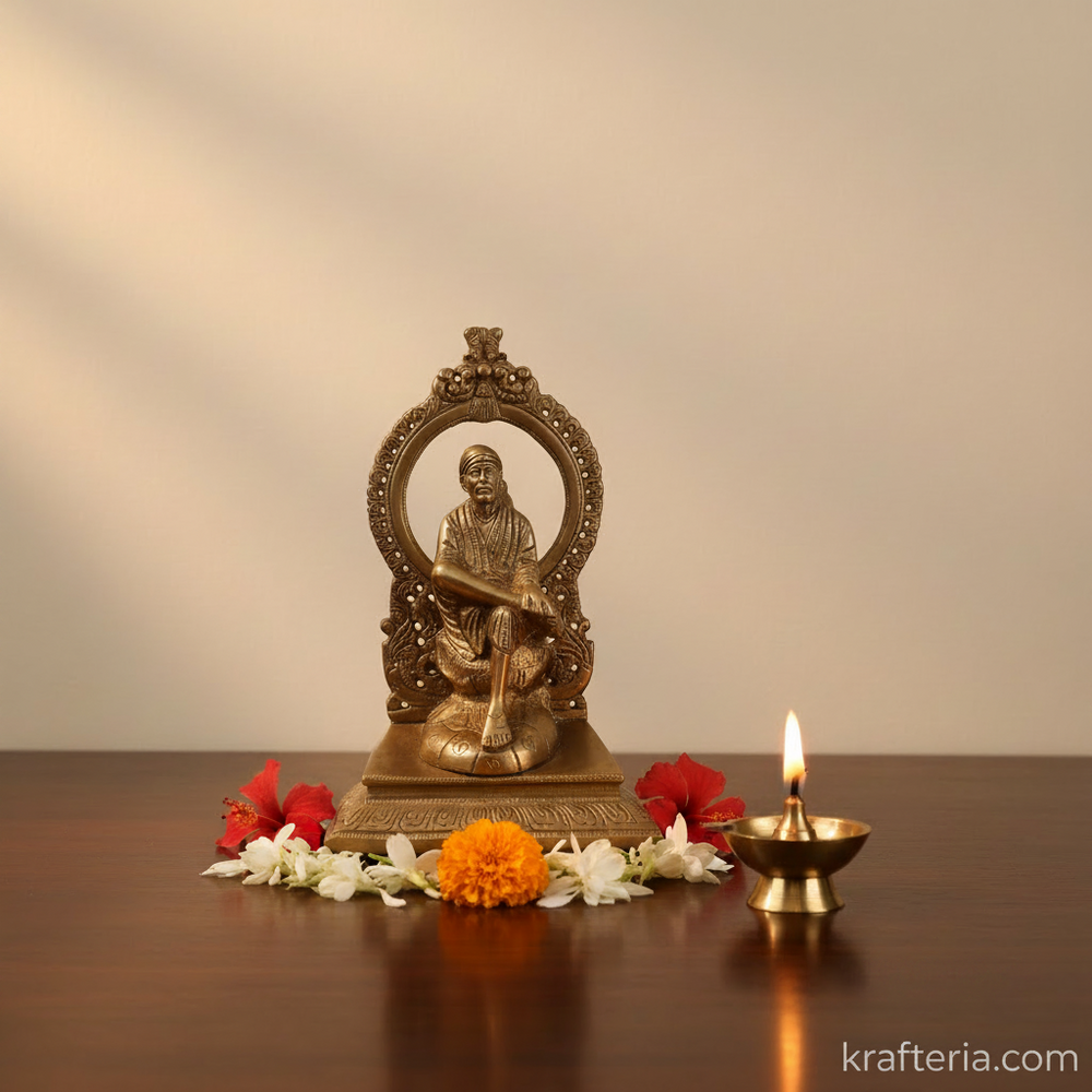 Brass Shirdi Sai Baba Statue with Prabhavali | Traditional Spiritual Altar Idol   Brass Artwork