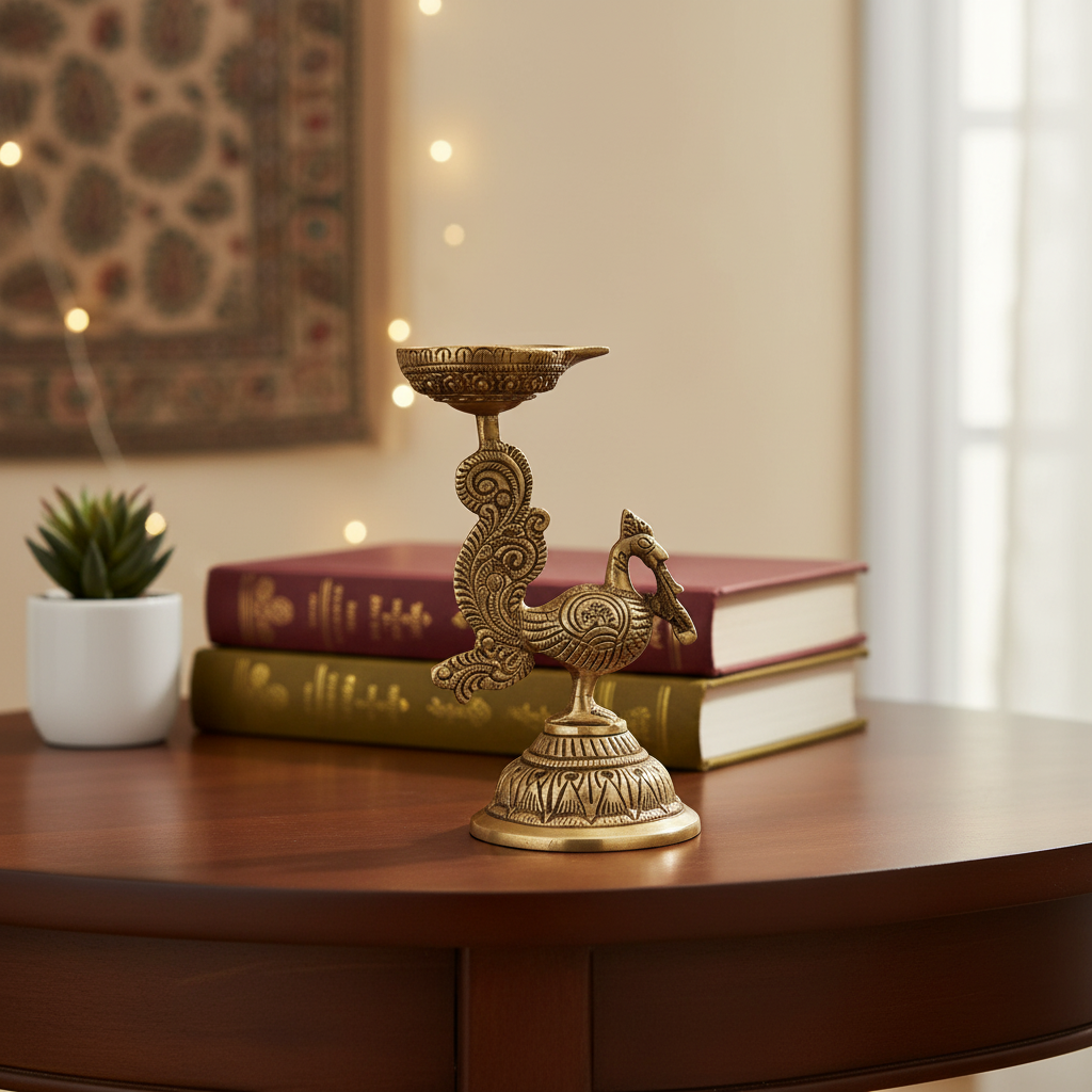 Brass Peacock Diya Lamp (Mayur Deep) - Traditional Indian Oil Lamp