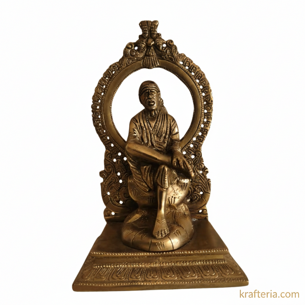 Brass Shirdi Sai Baba Statue with Prabhavali | Traditional Spiritual Altar Idol   Brass Artwork