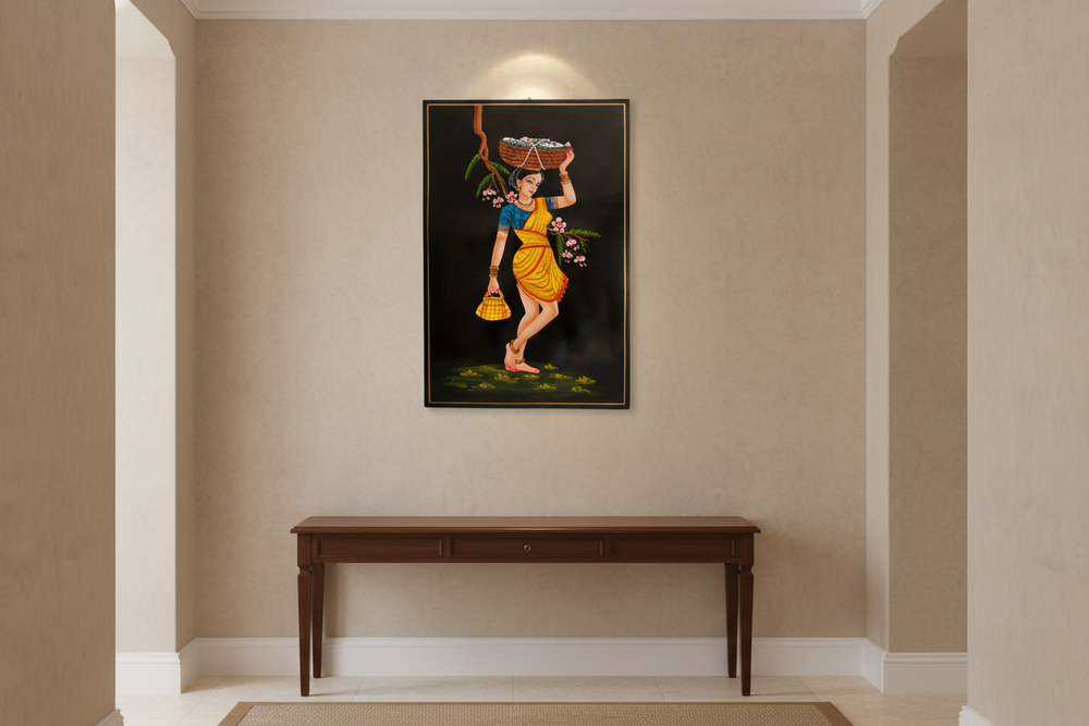 Traditional Nirmal art of fisherwoman carrying basket