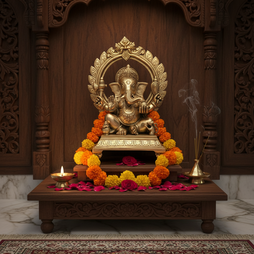 Brass Lord Ganesha Idol on Pedestal with Ornate Prabhavali Arch
