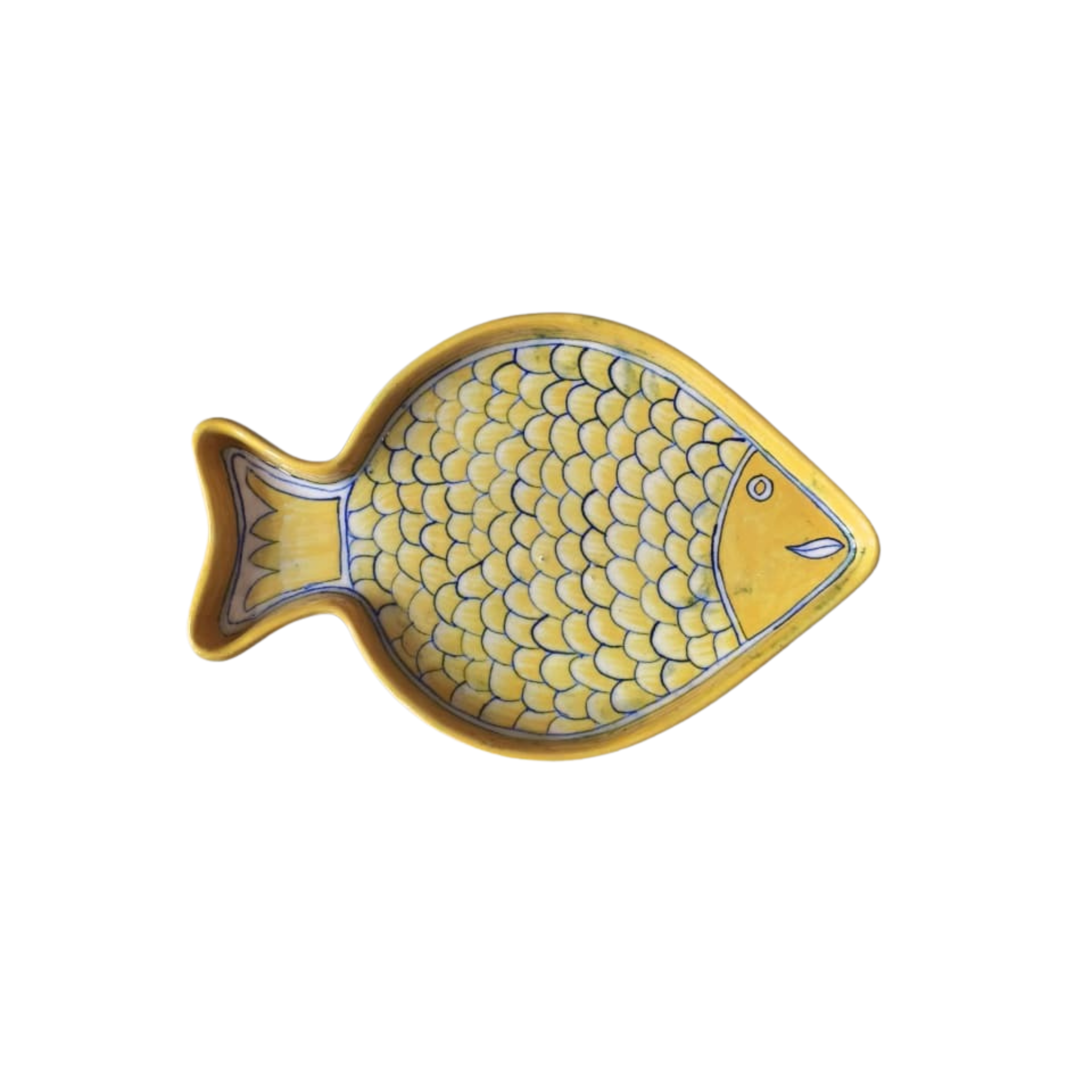 Hand-Painted Blue Pottery Fish Wall Decor | Yellow Coastal Art