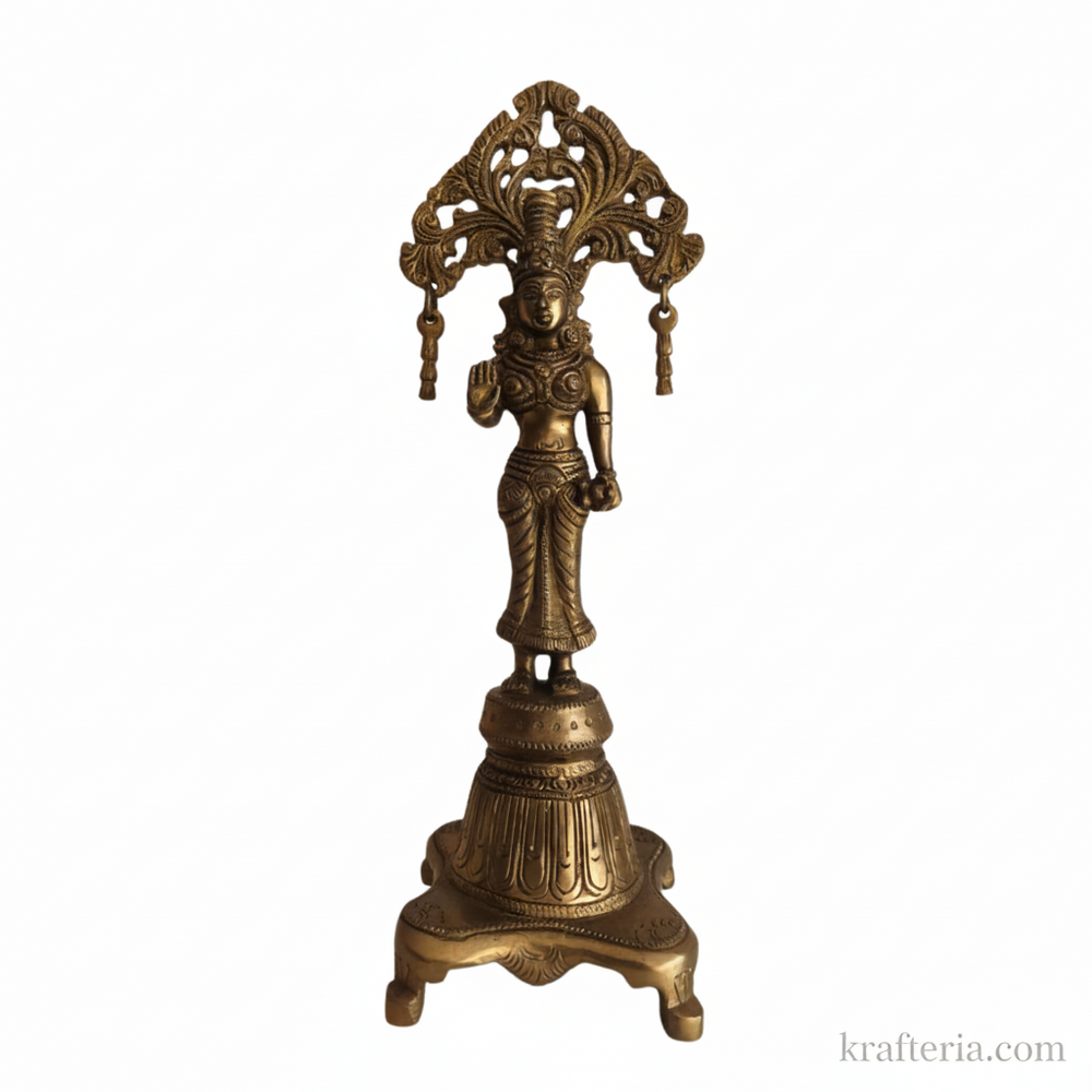 Brass Radha Idol with Prabhavali – Traditional Goddess Radha Standing Statue   Brass Artwork
