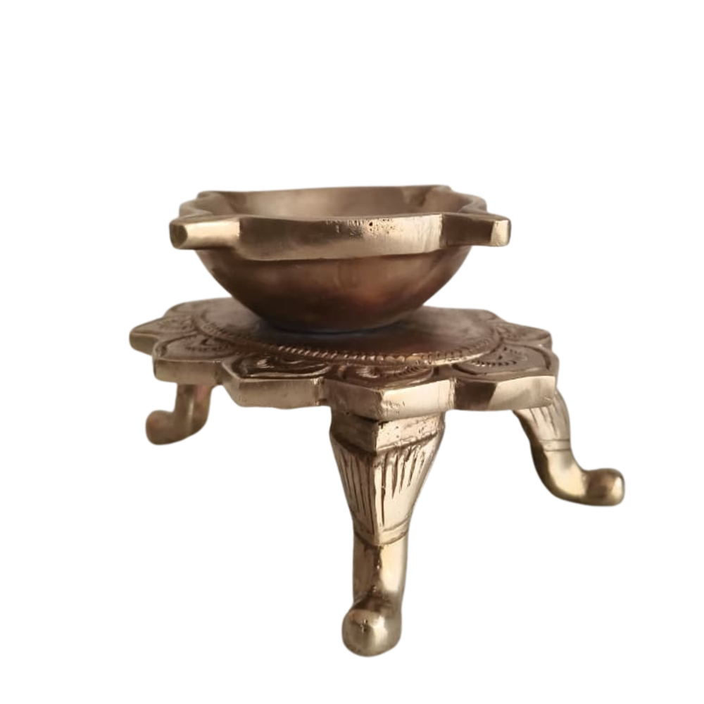 Handcrafted Lotus Pedestal Brass Diya | Traditional Tabletop Oil Lamp with Ornamental Legs   Brass Artwork