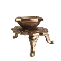 Handcrafted Lotus Pedestal Brass Diya | Traditional Tabletop Oil Lamp with Ornamental Legs   Brass Artwork