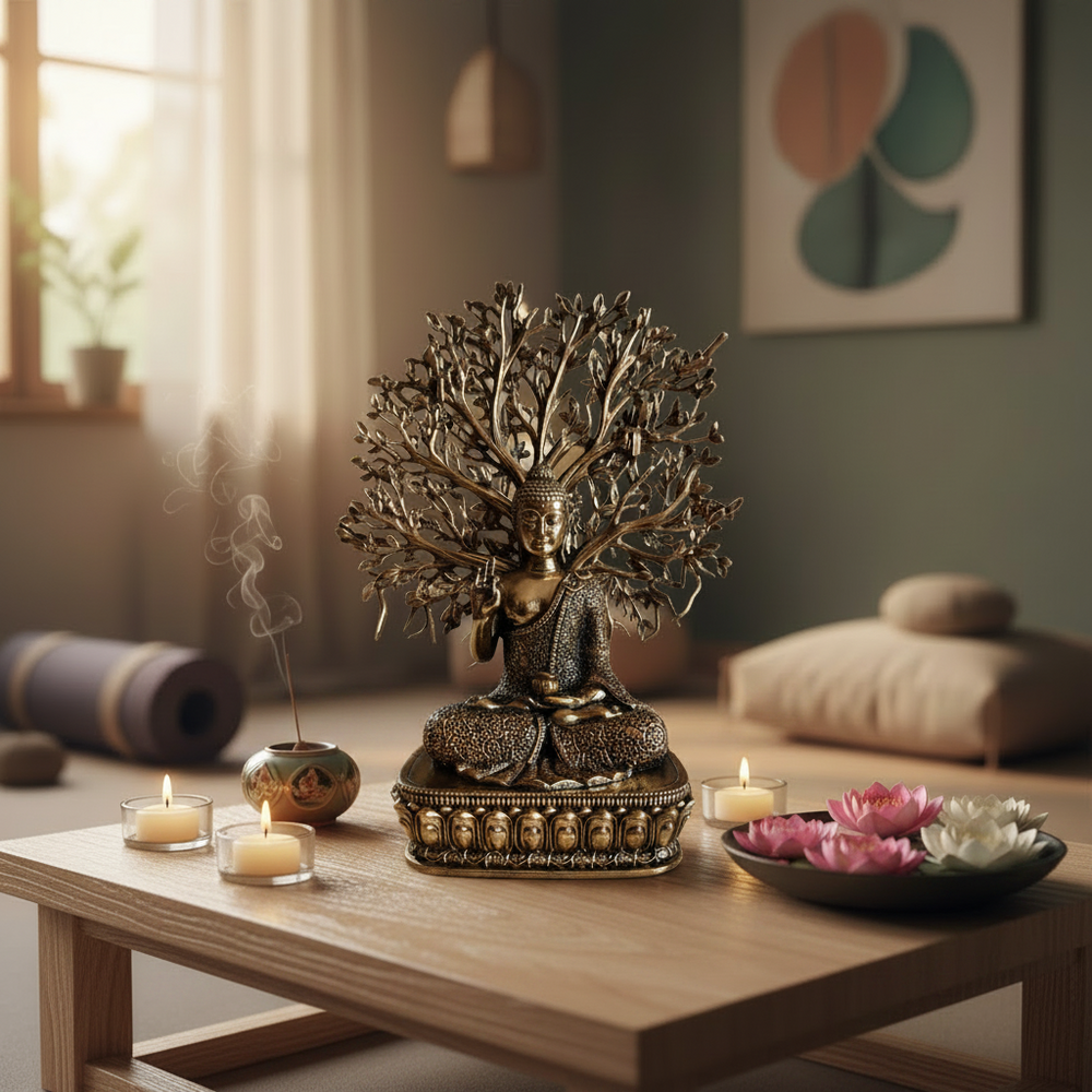 Brass Buddha Under Bodhi Tree Statue - Meditating Gautama Buddha   Brass Artwork