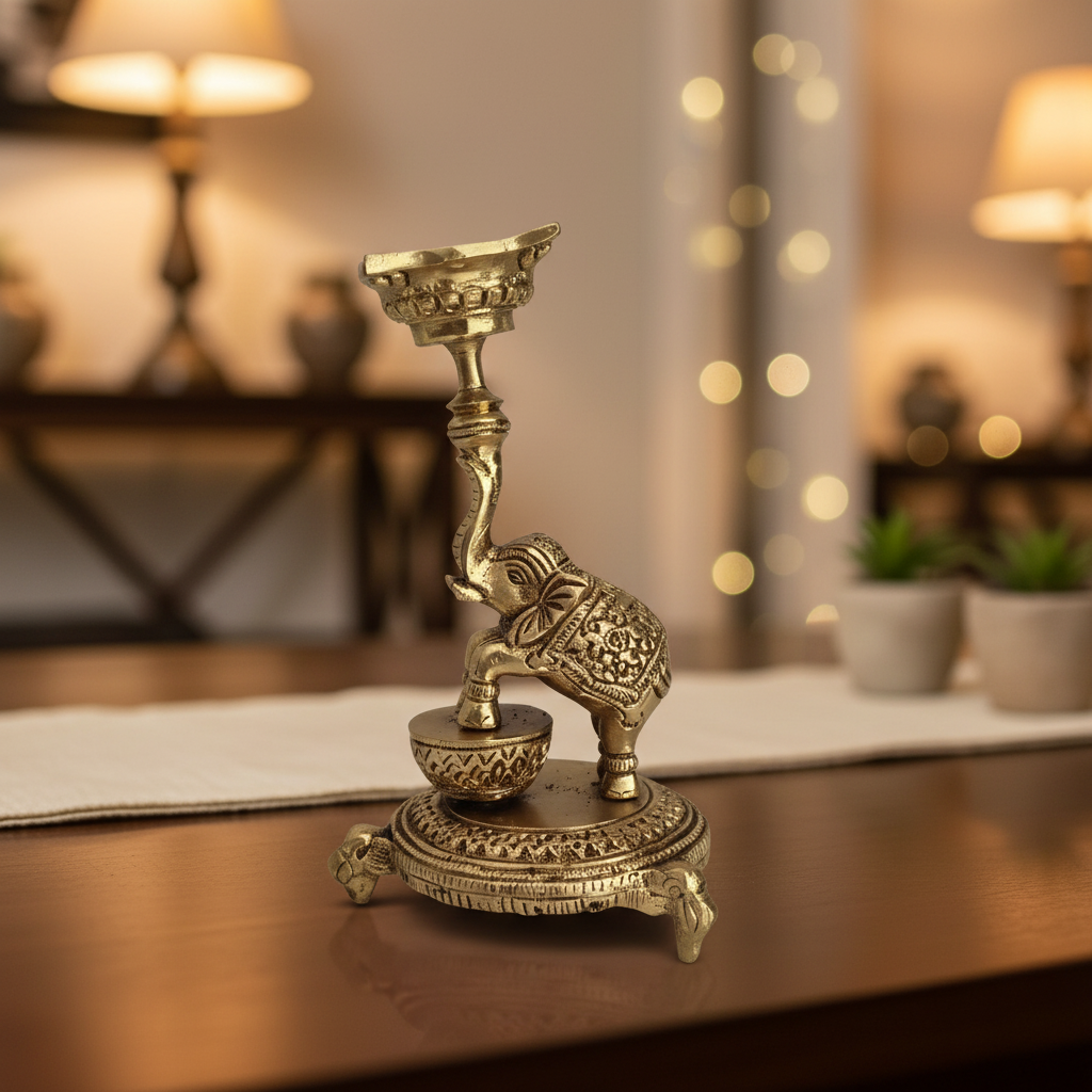 Ornate Brass Elephant Diya/Candle Holder – Traditional Oil Lamp for Home Temple & Festive Décor