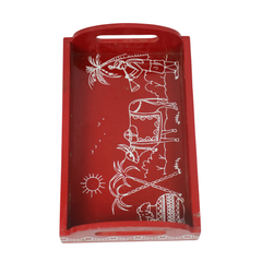 Red wooden serving tray with hand-painted cow artwork