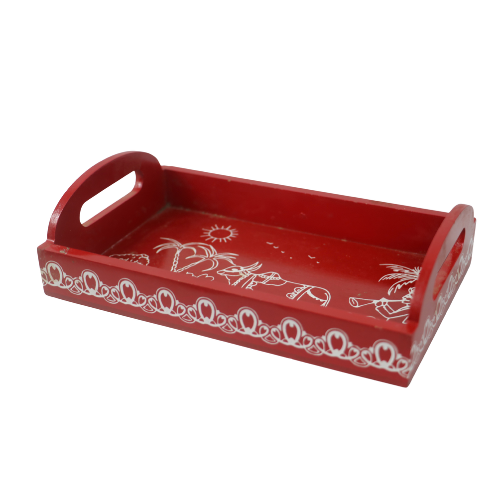 Traditional hand-painted cow design red wooden serving tray