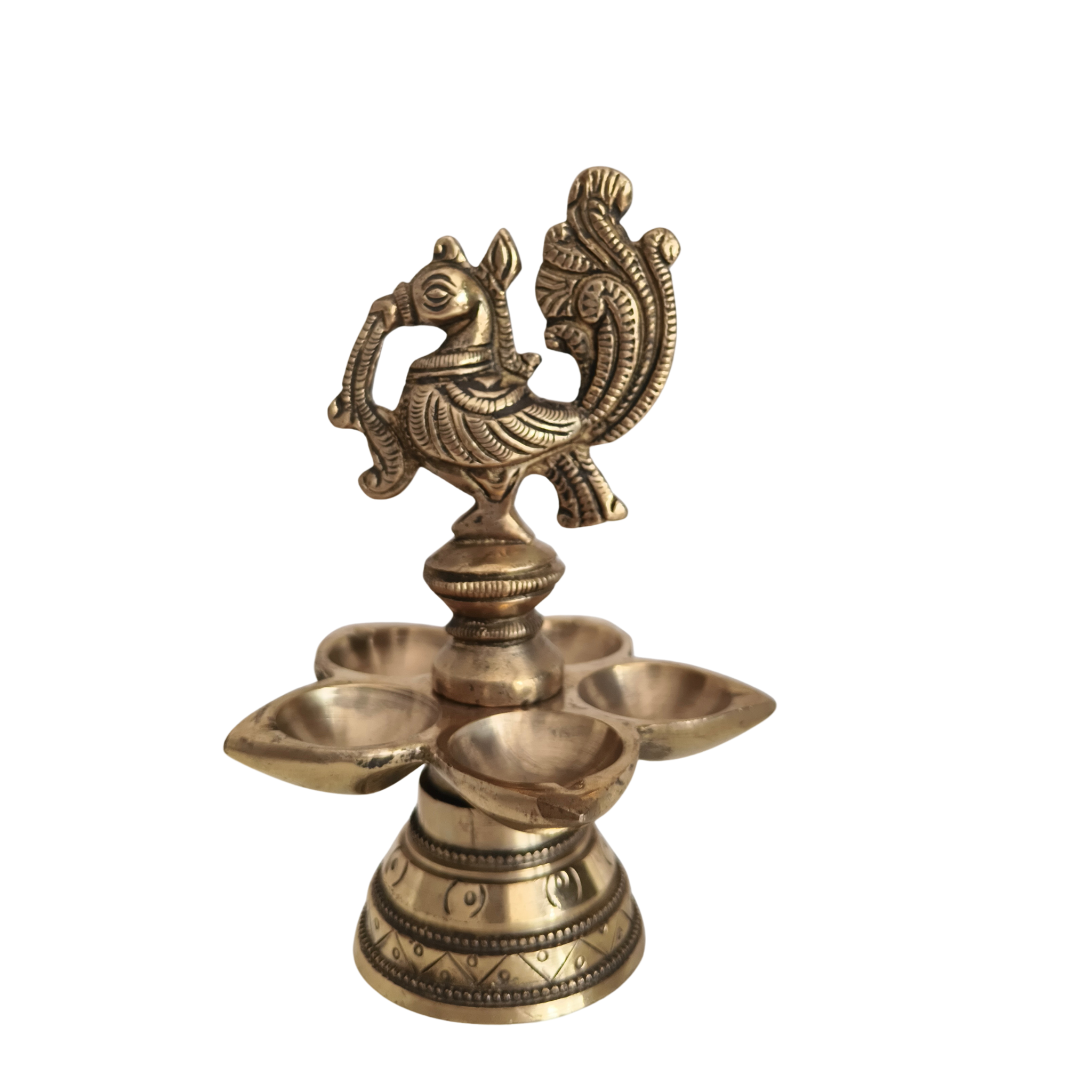 Brass Peacock Deepam (Diya) with Five Wicks
