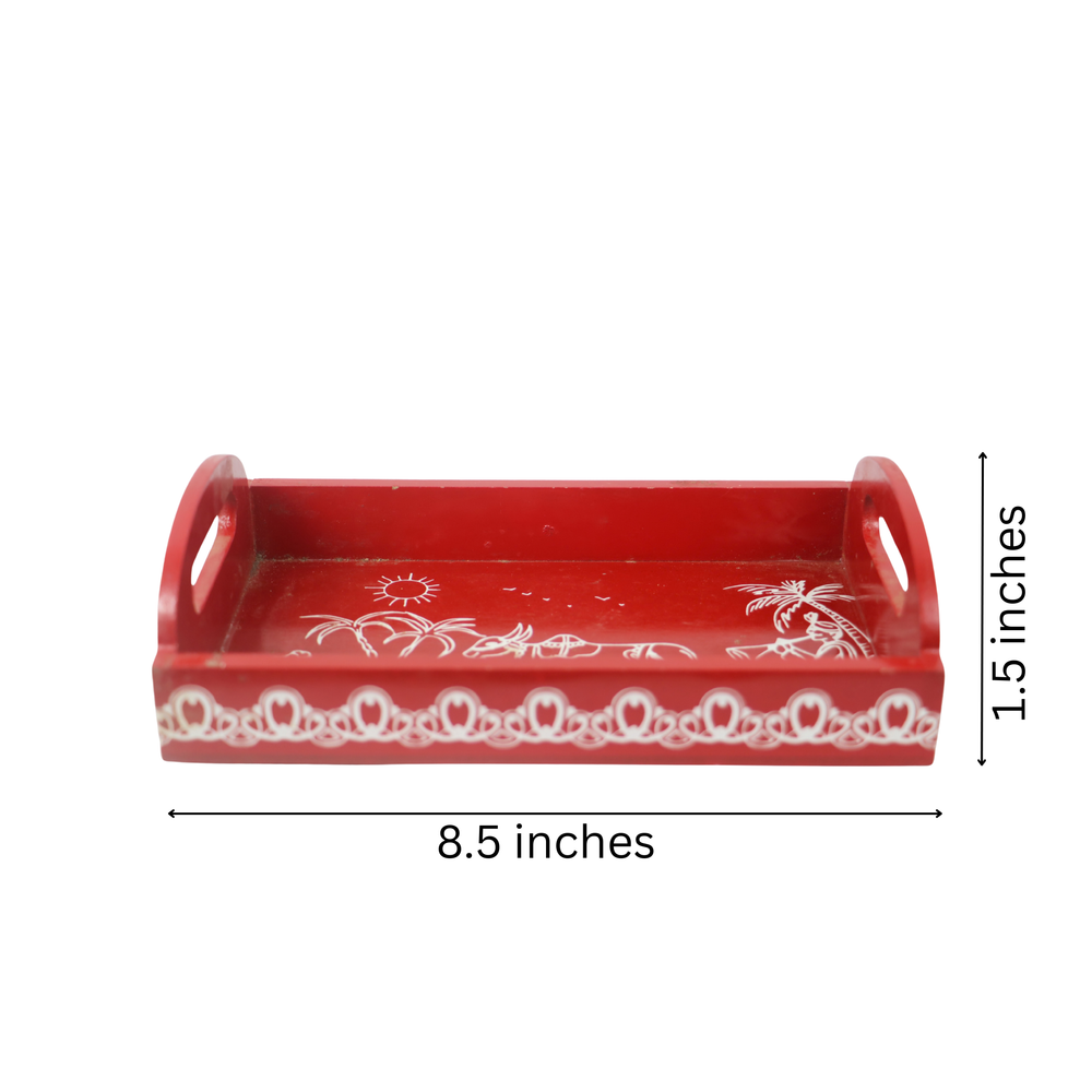 Red decorative wooden tray with hand-painted Indian cow art