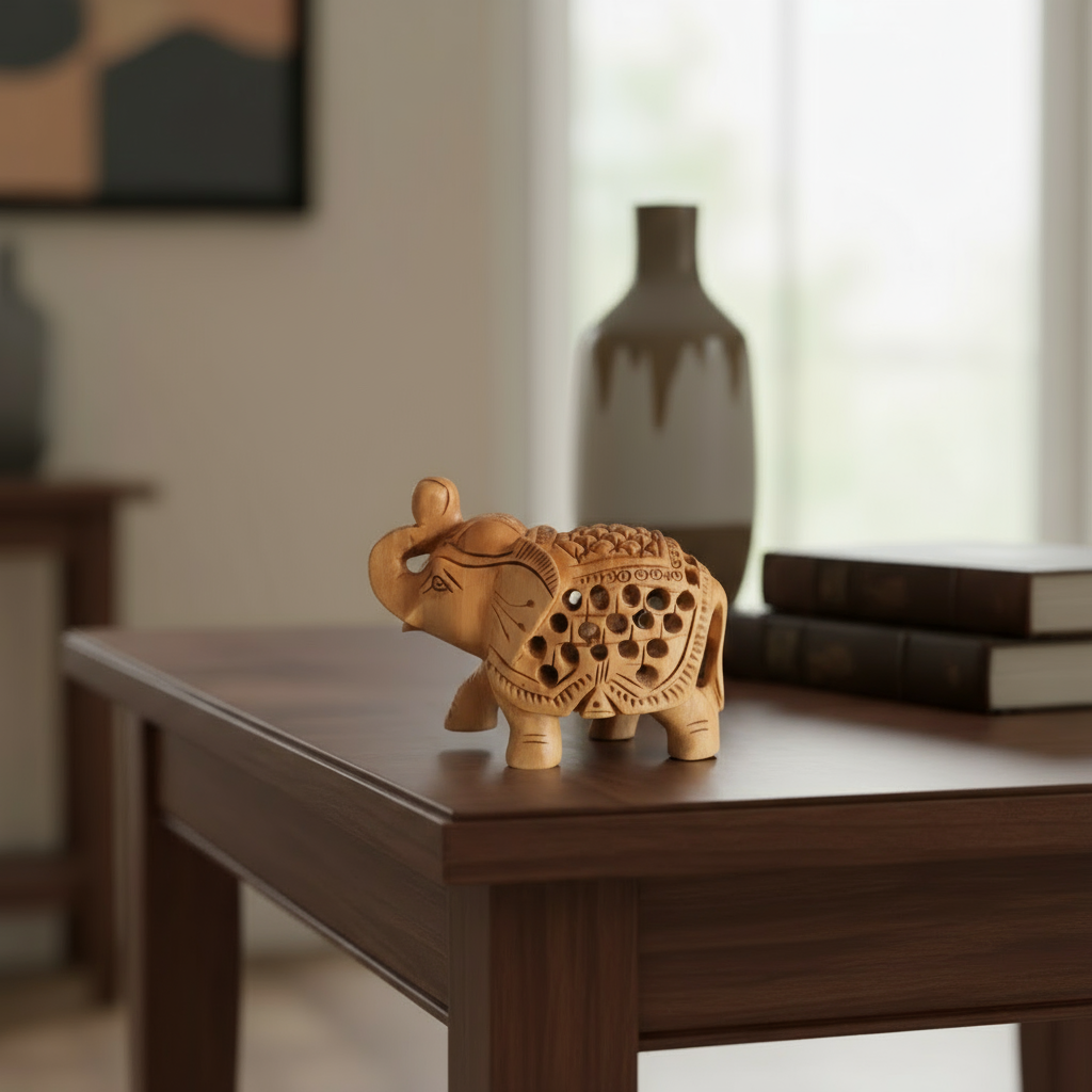 A light-colored wooden elephant figurine with its trunk raised, featuring detailed filigree carving and cut-out patterns on its body and back.