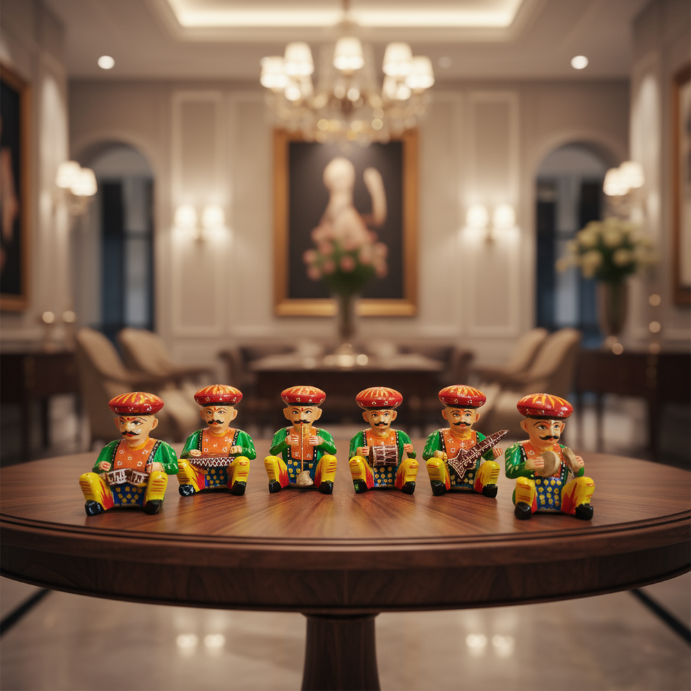 Handcrafted Desi drummer and instrumental ensemble showpiece with traditional Indian folk art detailing