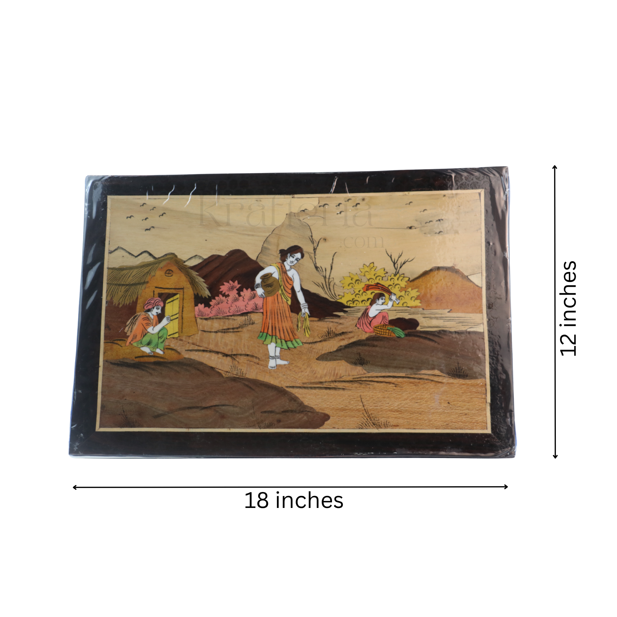 Village Life Scene in Wooden Inlay – Lady Washing Cloth Handmade Art