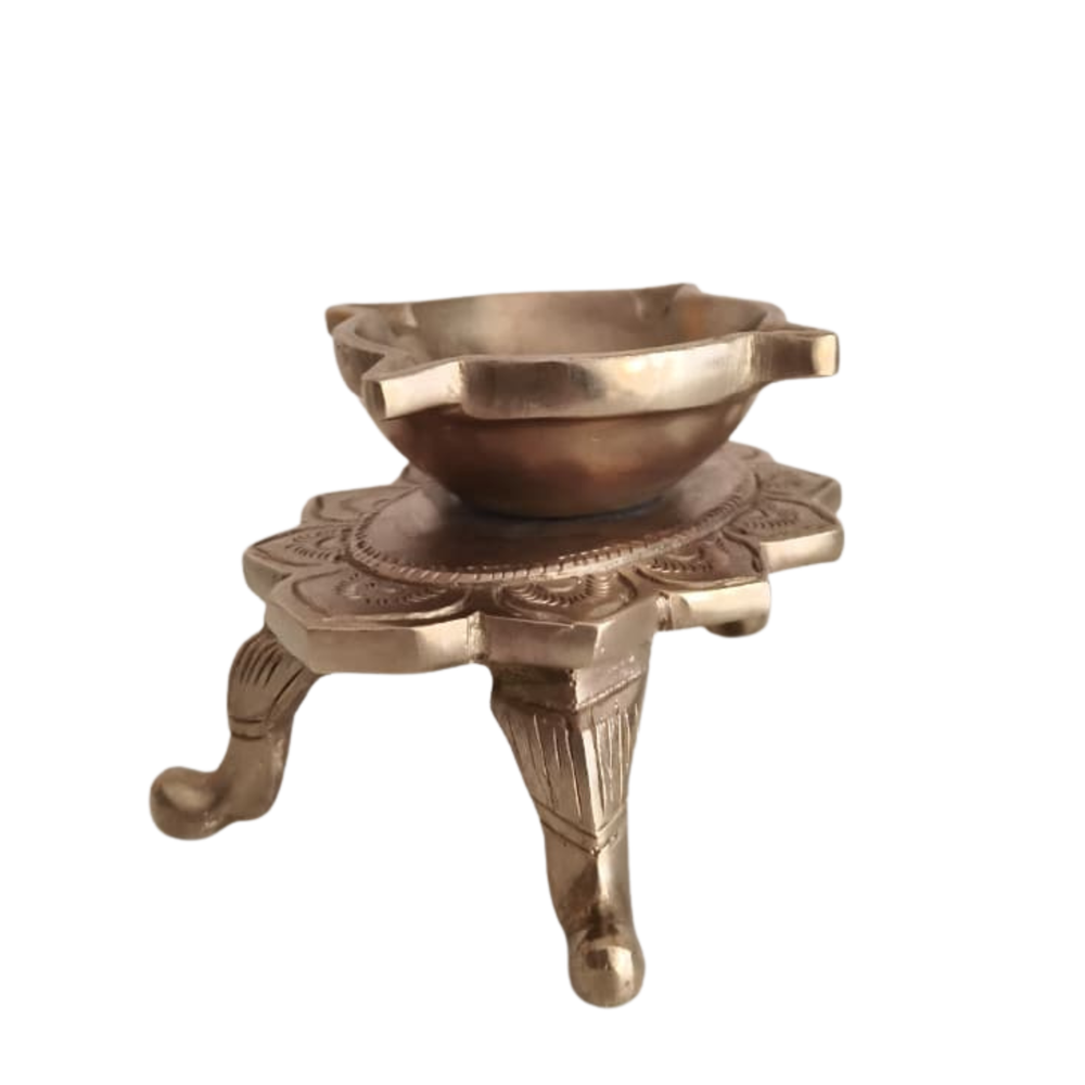 Handcrafted Lotus Pedestal Brass Diya | Traditional Tabletop Oil Lamp with Ornamental Legs   Brass Artwork