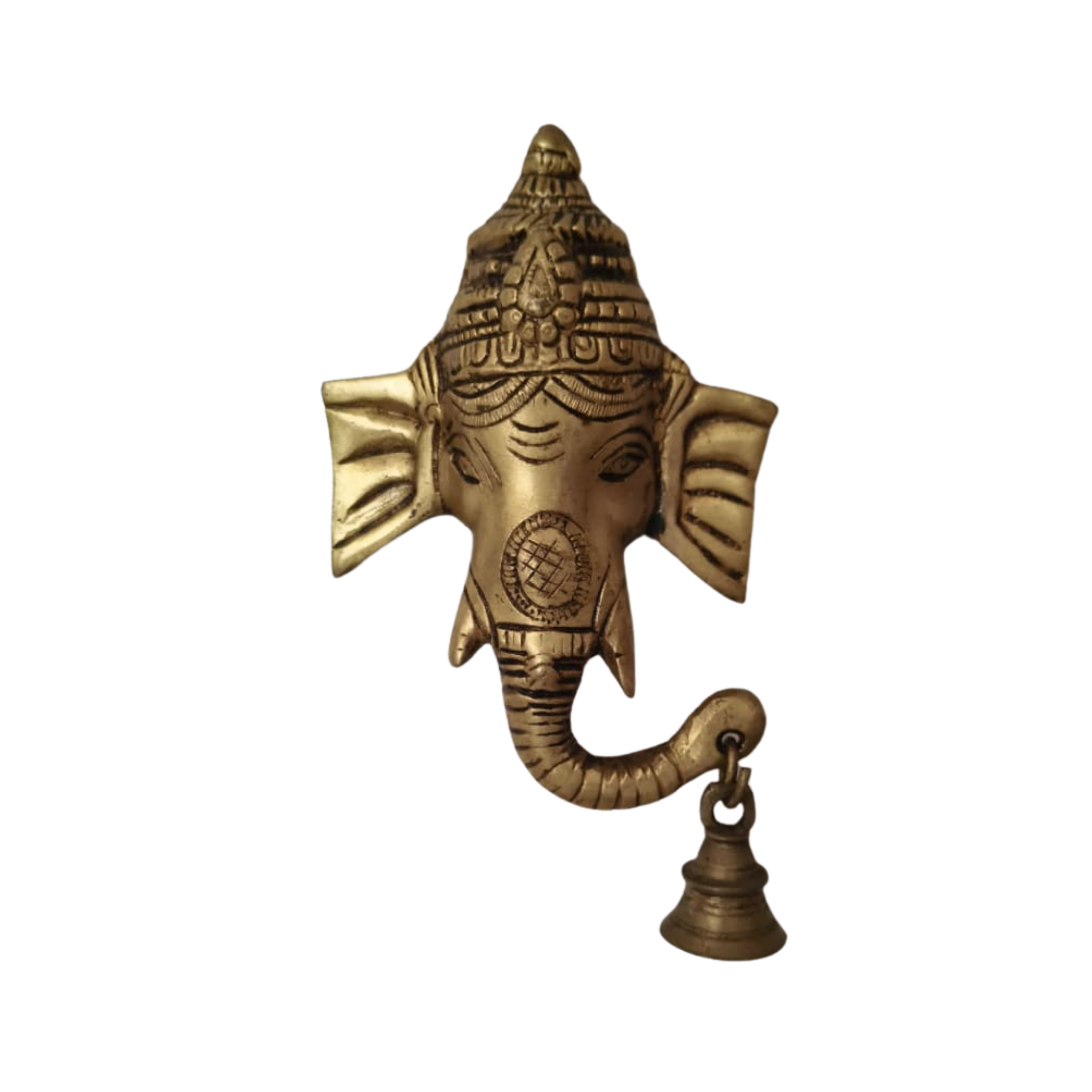 Auspicious Brass Ganesha Head Wall Hanging with Bell - Remover of Obstacles