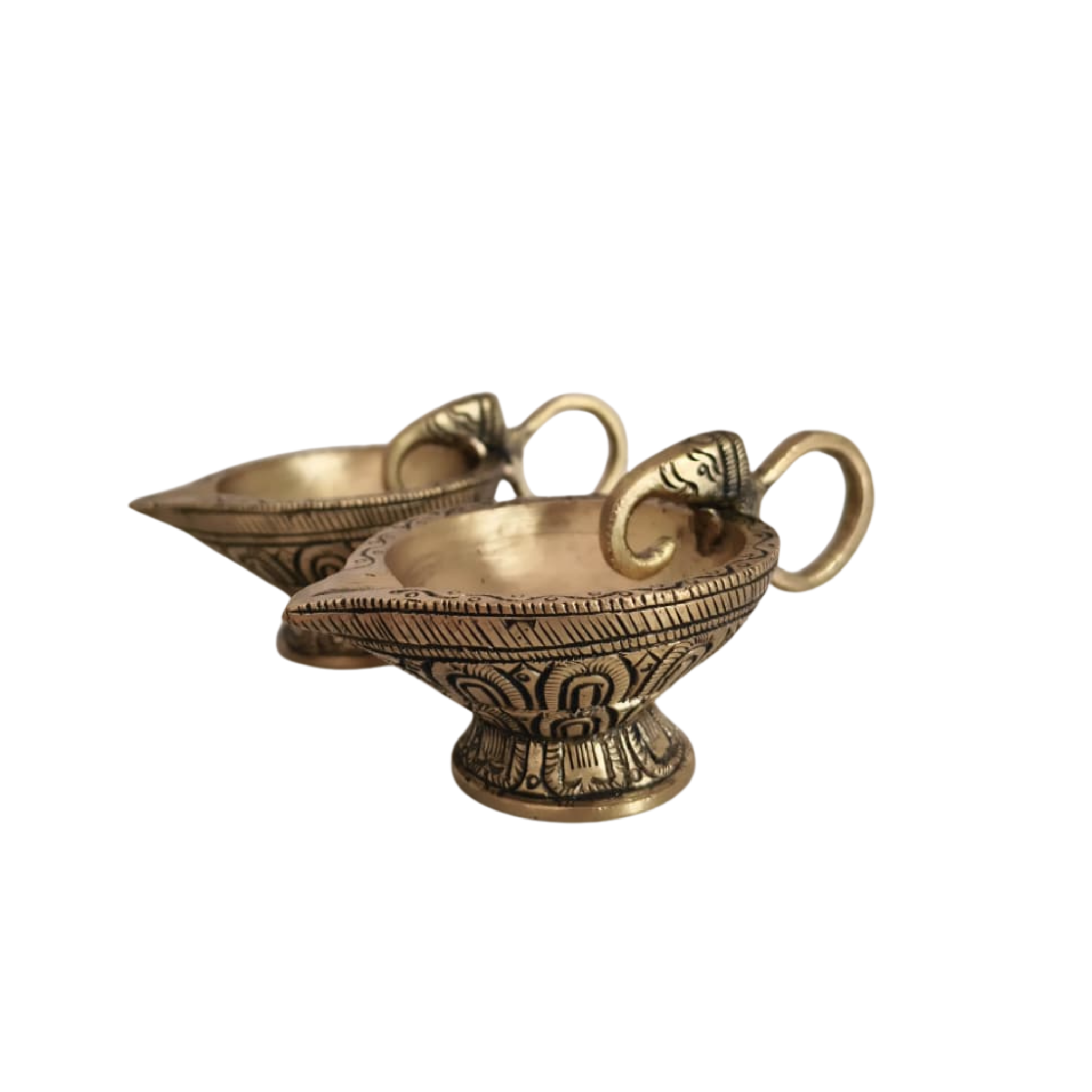 Pair Traditional Brass Oil Lamp (Diya) with Elephant Handle