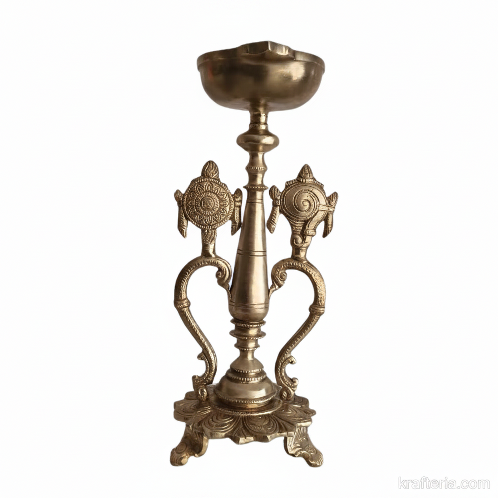 Sacred Brass Vishnu Shankh Chakra Pedestal Lamp | Traditional Divine Altar Diya   Brass Artwork