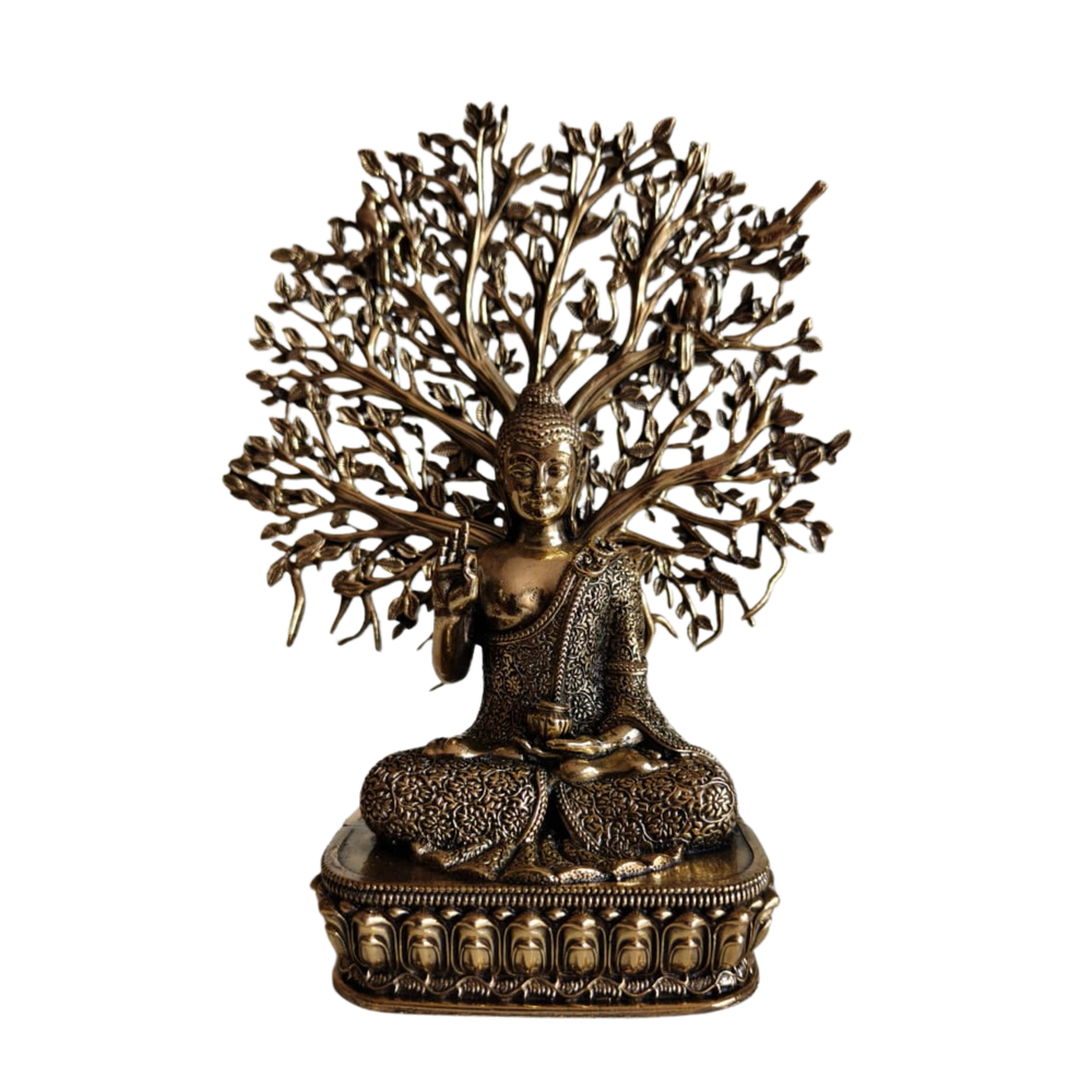 Brass Buddha Under Bodhi Tree Statue - Meditating Gautama Buddha   Brass Artwork
