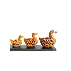 Charming Wooden Jali Work Duck Family Sculpture on Display Base