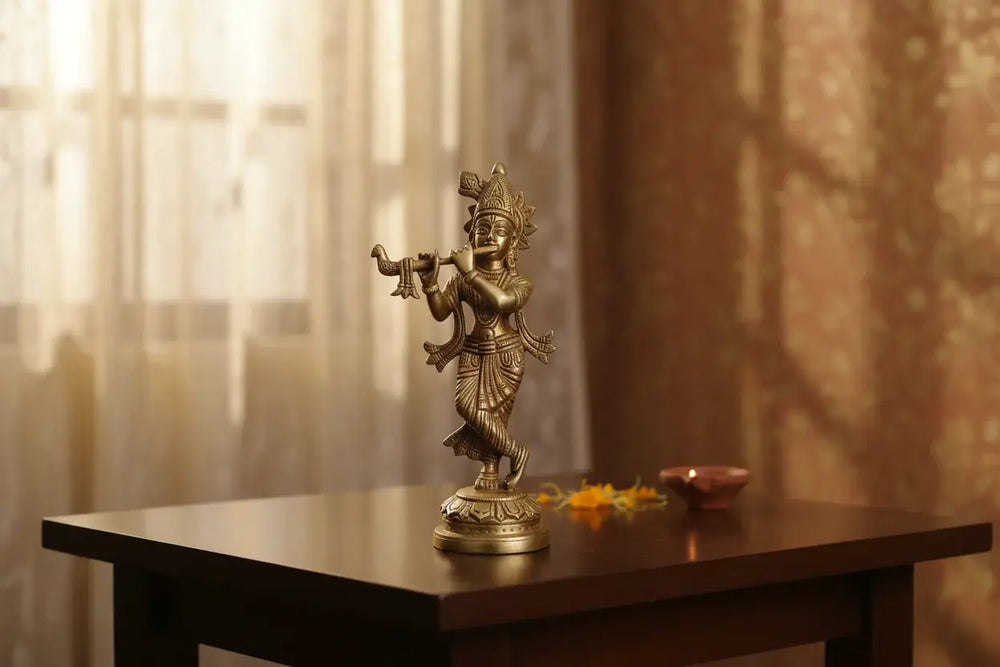 Golden Brass Lord Krishna Idol Flute Player (Krishna Murti)   Brass Ware