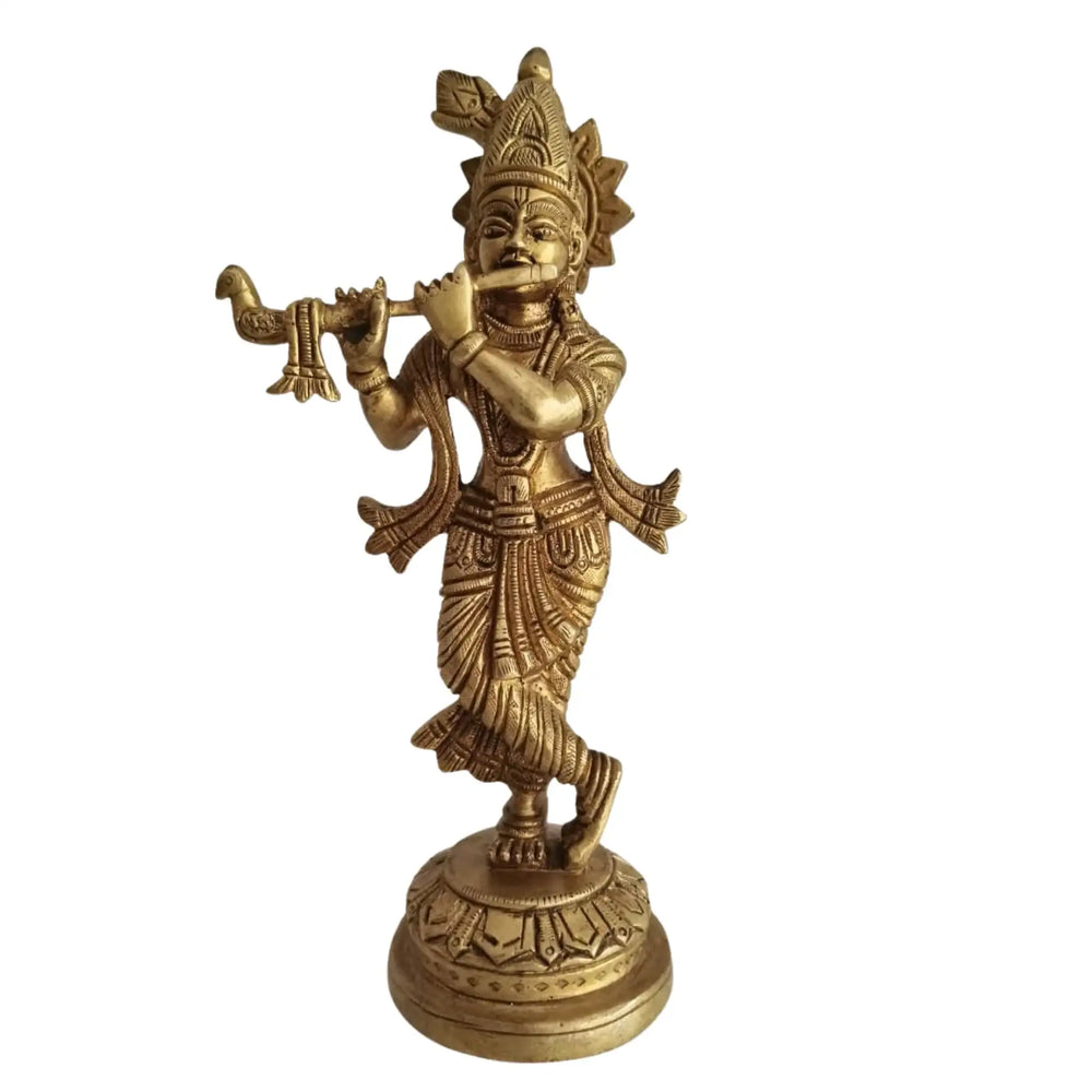 Golden Brass Lord Krishna Idol Flute Player (Krishna Murti)   Brass Ware