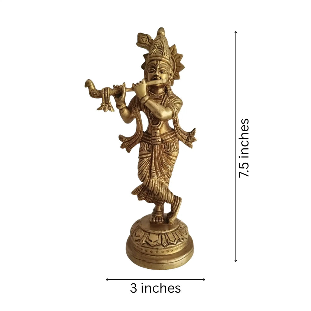 Golden Brass Lord Krishna Idol Flute Player (Krishna Murti)   Brass Ware