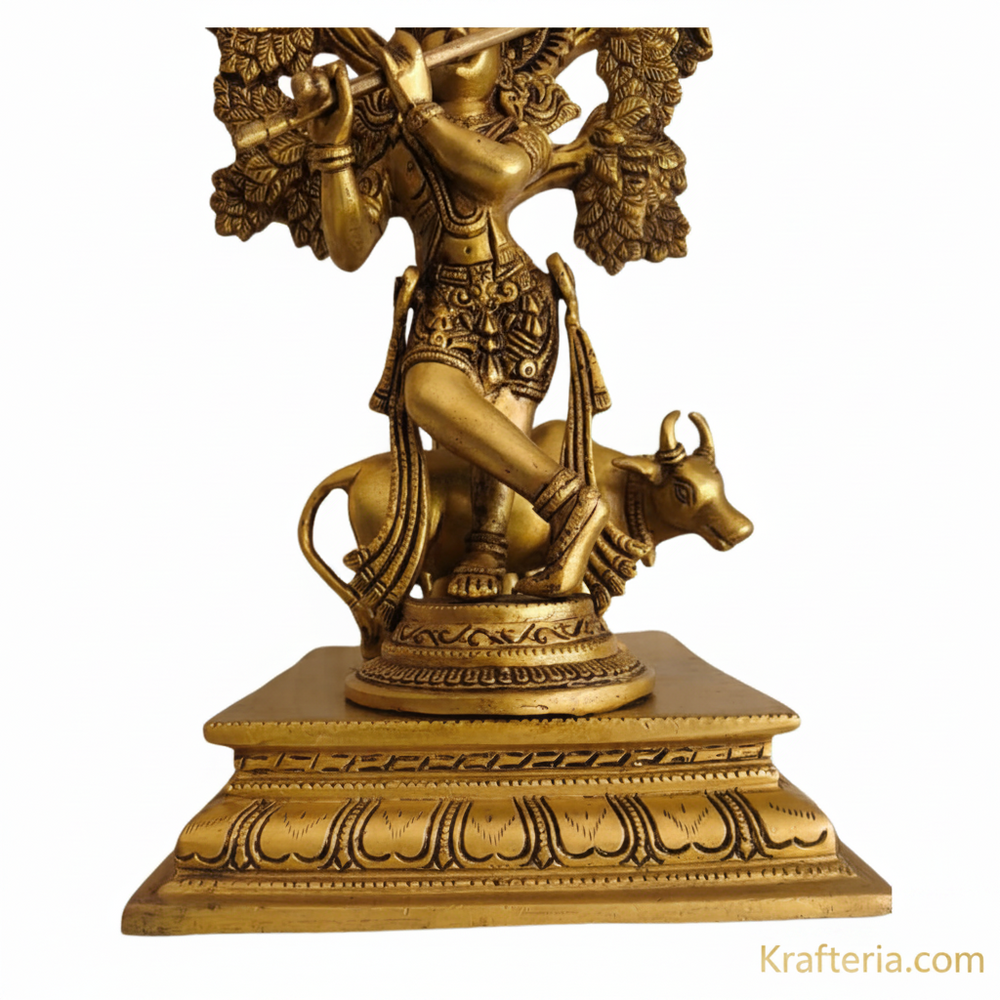 Brass Krishna Muralidhar Statue with Kadamba Tree and Cow | Handcrafted Divine Table Décor   Brass Artwork