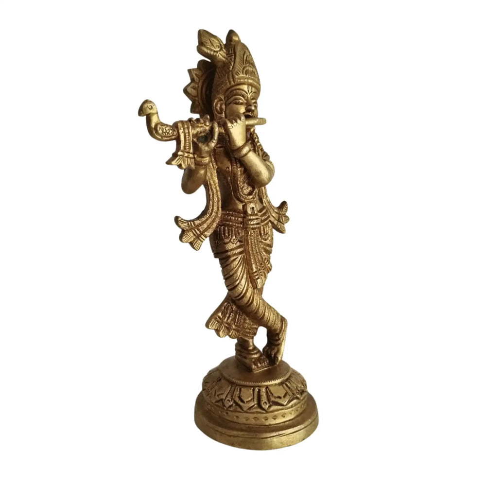 Golden Brass Lord Krishna Idol Flute Player (Krishna Murti)   Brass Ware
