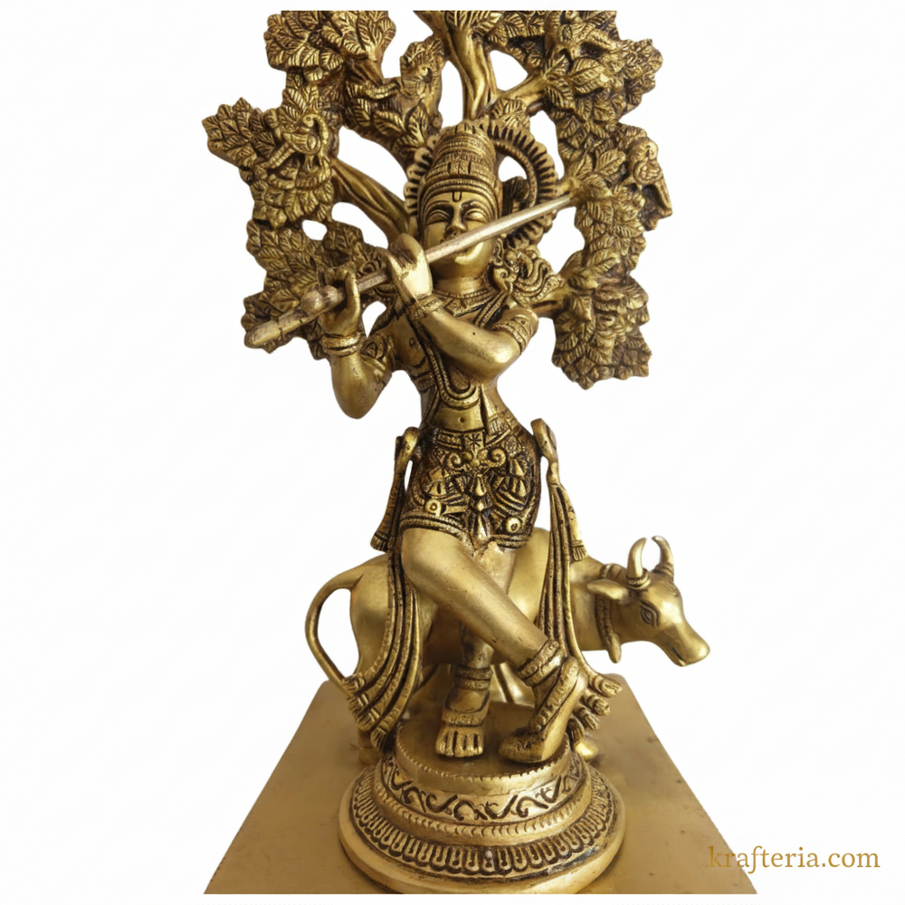 Brass Krishna Muralidhar Statue with Kadamba Tree and Cow | Handcrafted Divine Table Décor   Brass Artwork