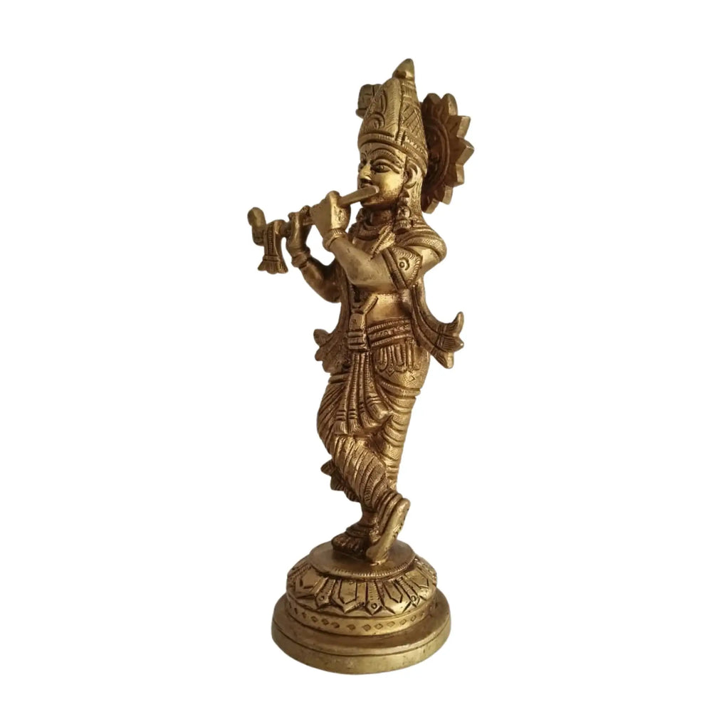 Golden Brass Lord Krishna Idol Flute Player (Krishna Murti)   Brass Ware