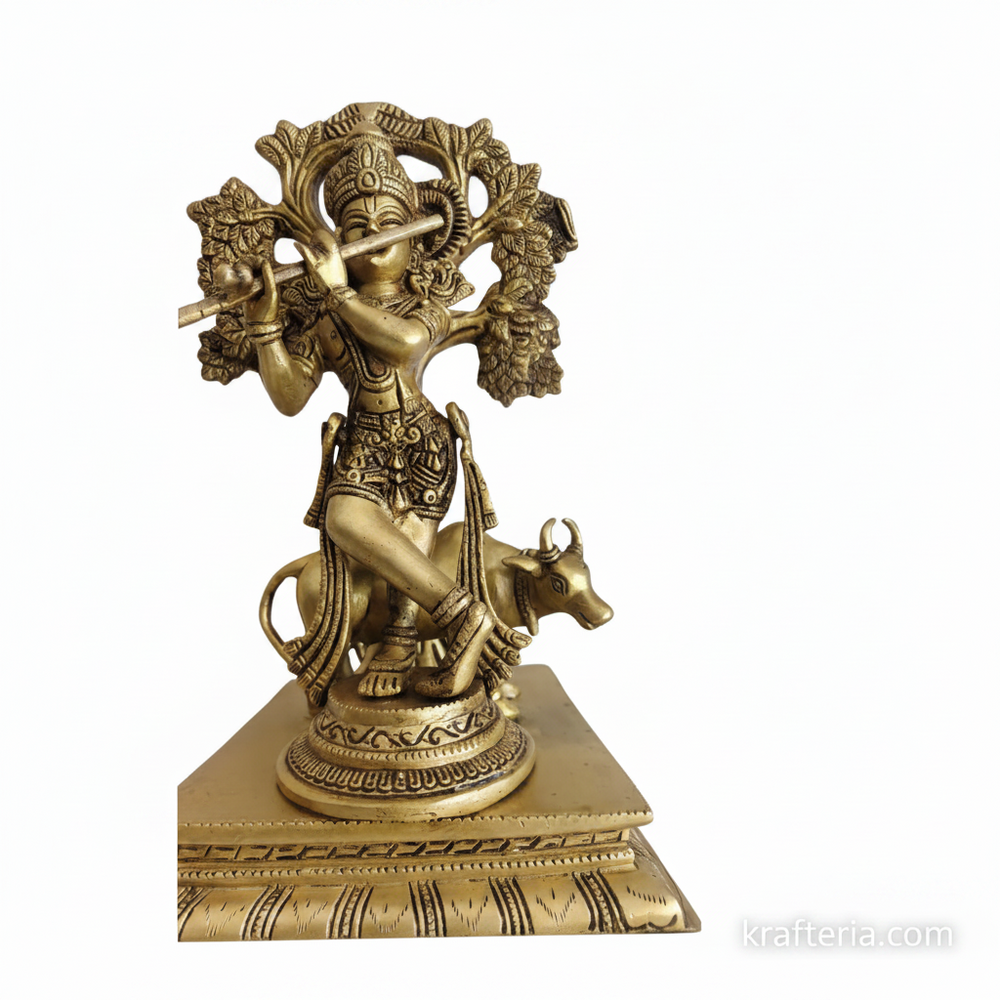 Brass Krishna Muralidhar Statue with Kadamba Tree and Cow | Handcrafted Divine Table Décor   Brass Artwork