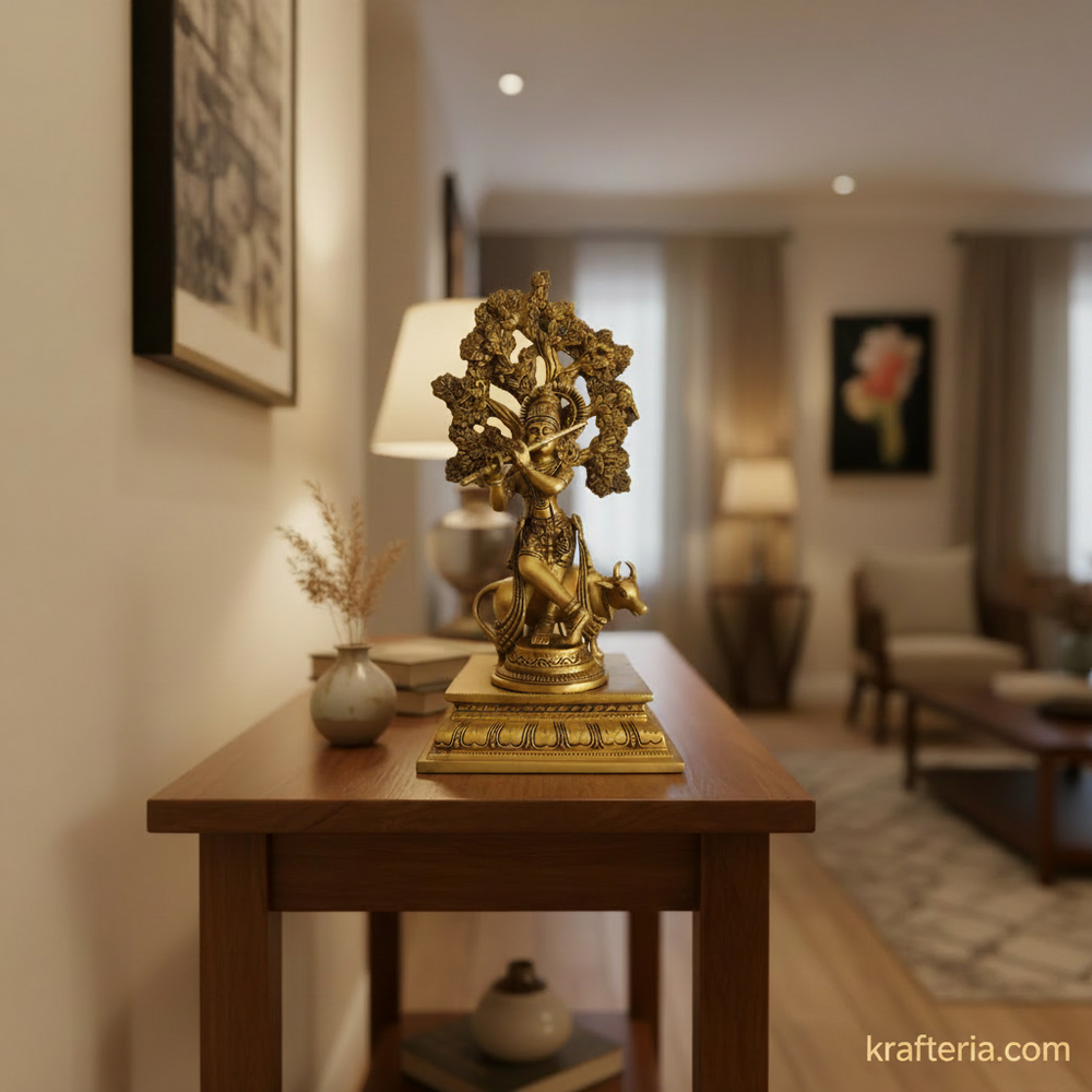 Brass Krishna Muralidhar Statue with Kadamba Tree and Cow | Handcrafted Divine Table Décor   Brass Artwork