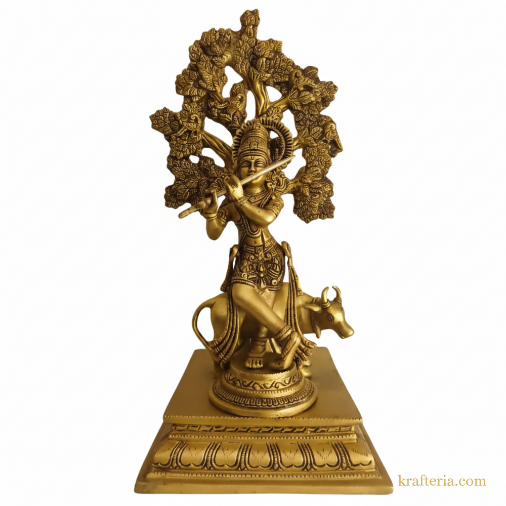 Brass Krishna Muralidhar Statue with Kadamba Tree and Cow | Handcrafted Divine Table Décor   Brass Artwork