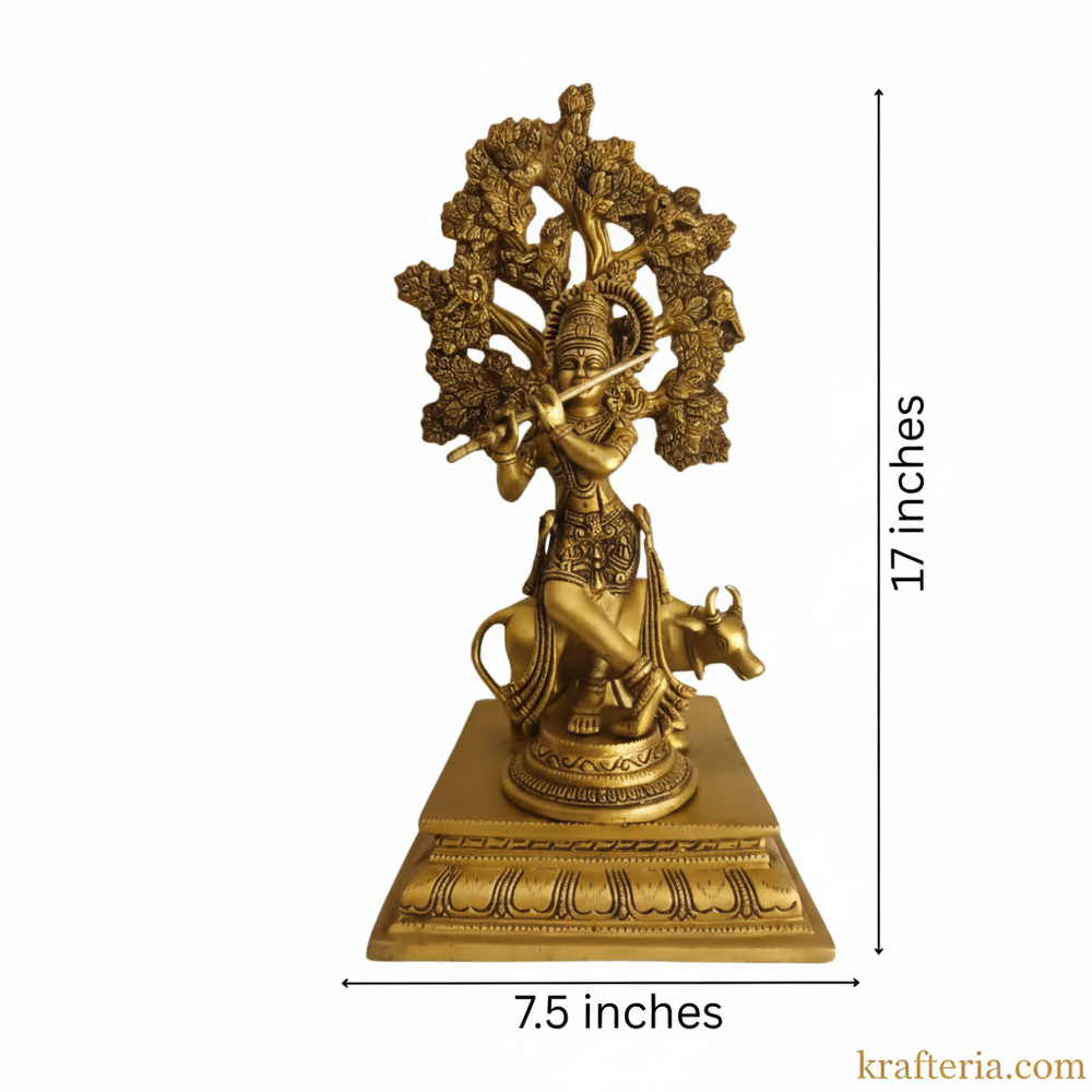Brass Krishna Muralidhar Statue with Kadamba Tree and Cow | Handcrafted Divine Table Décor   Brass Artwork