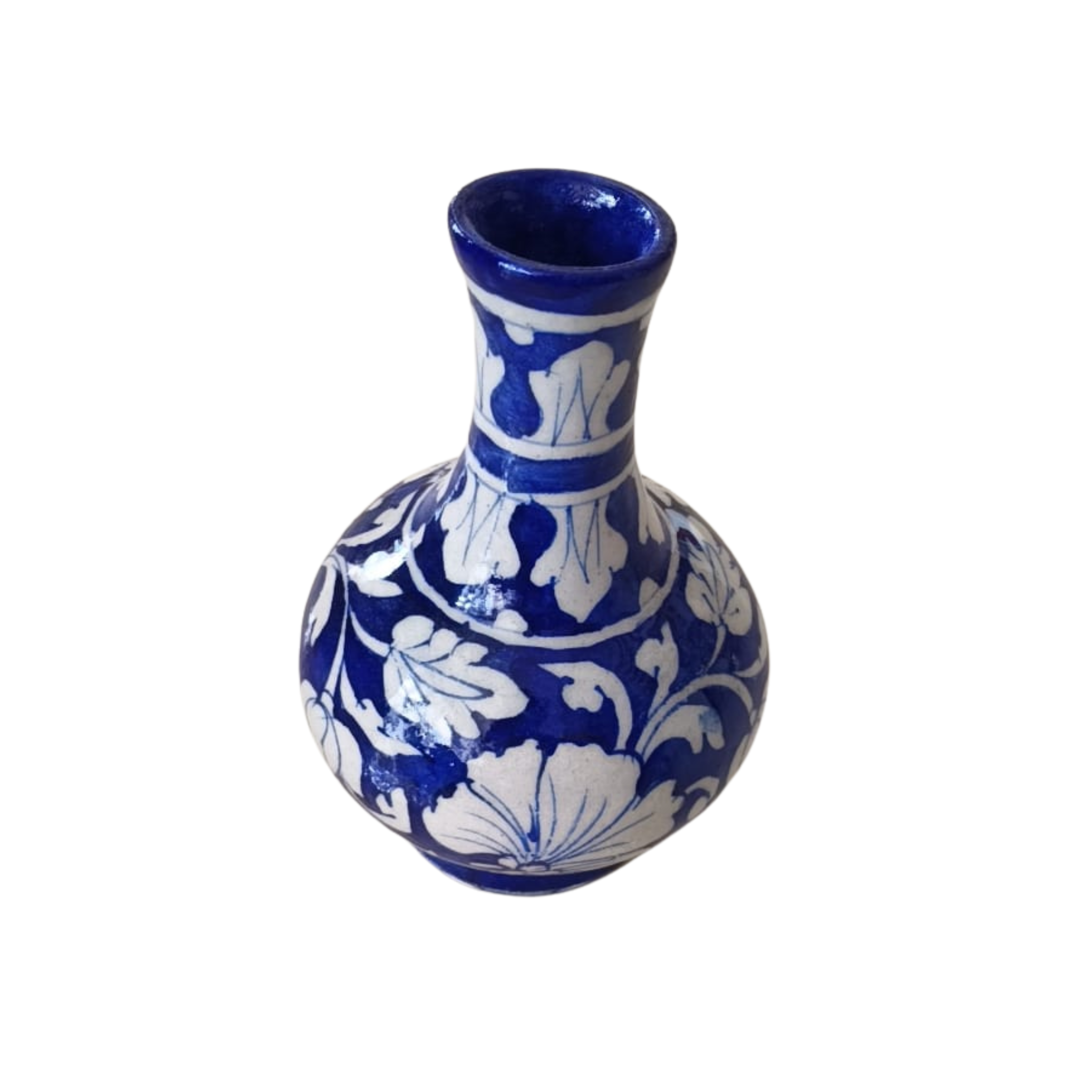 Elegant Blue Pottery Floral Vase | Hand-Painted White on Blue Decor