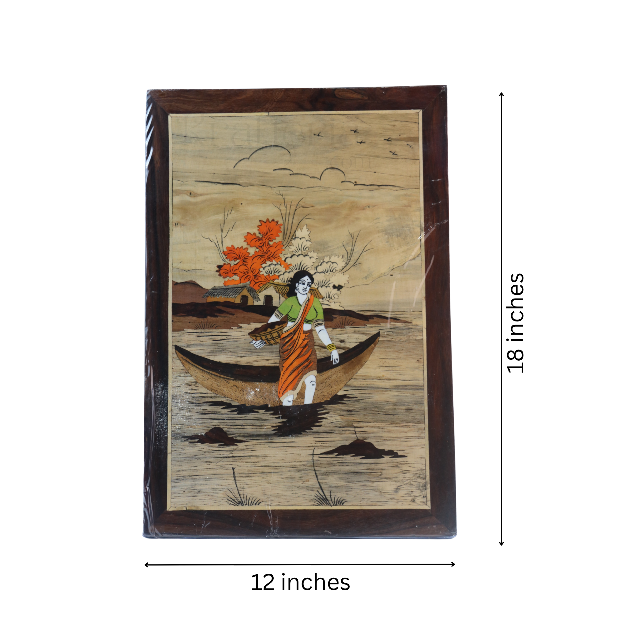 Wood Inlay Fisher Woman Frame – Handmade Rural Life Artwork