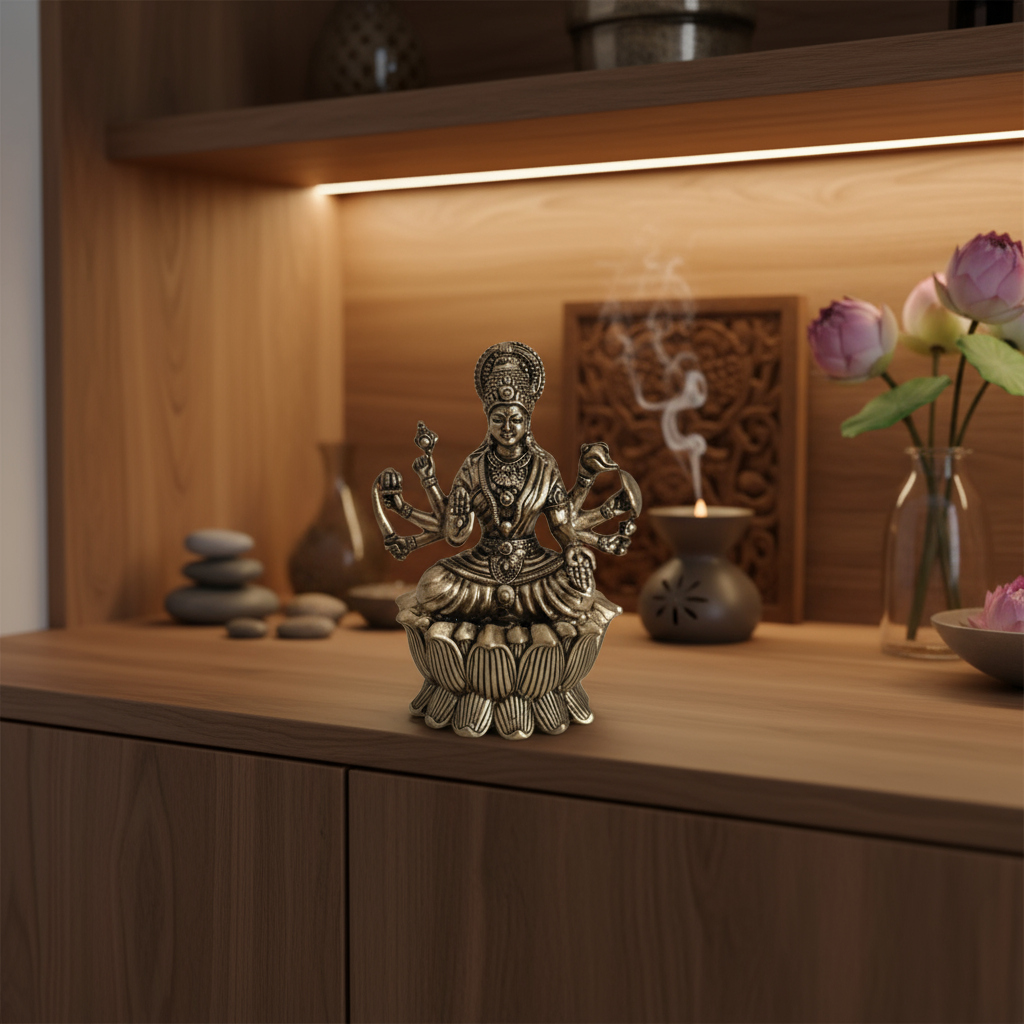 Mahalakshmi Idol with Eight Arms - Goddess of Fortune, Seated on Lotus Base