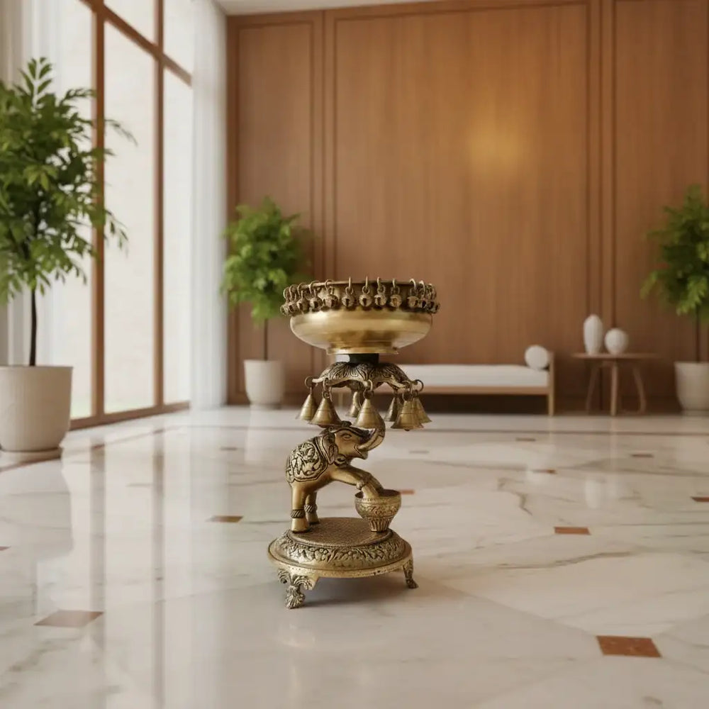 Brass Elephant Urli with Bells - Traditional Indian Decorative Bowl   Brass Ware