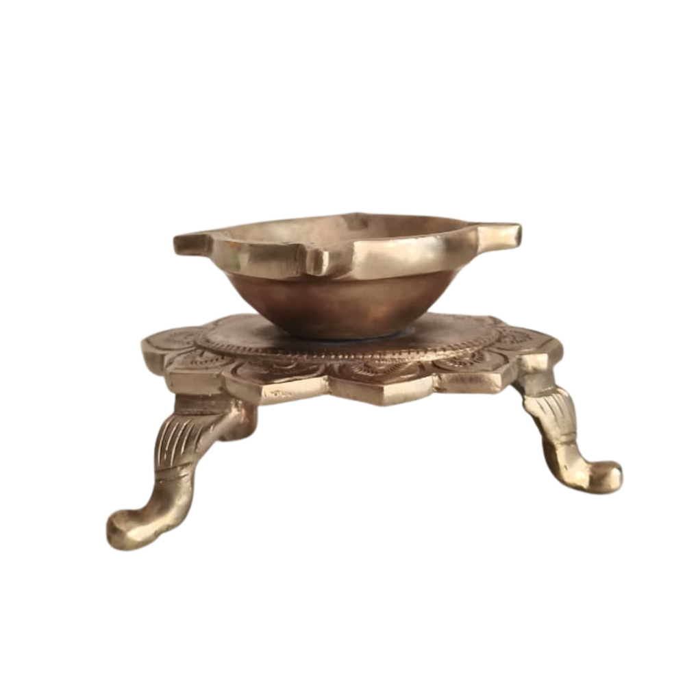 Handcrafted Lotus Pedestal Brass Diya | Traditional Tabletop Oil Lamp with Ornamental Legs   Brass Artwork