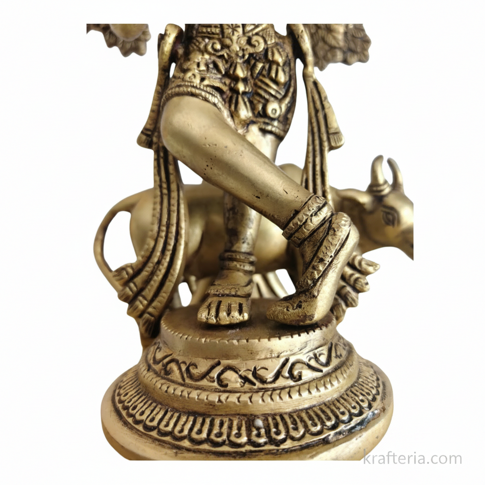 Brass Krishna Muralidhar Statue with Kadamba Tree and Cow | Handcrafted Divine Table Décor   Brass Artwork