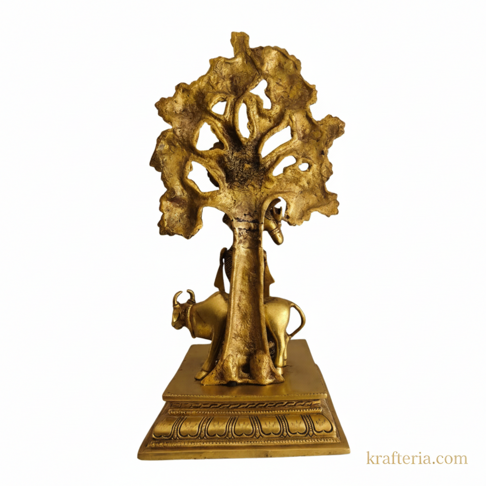 Brass Krishna Muralidhar Statue with Kadamba Tree and Cow | Handcrafted Divine Table Décor   Brass Artwork