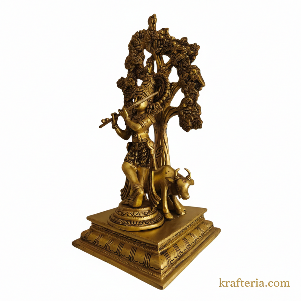 Brass Krishna Muralidhar Statue with Kadamba Tree and Cow | Handcrafted Divine Table Décor   Brass Artwork