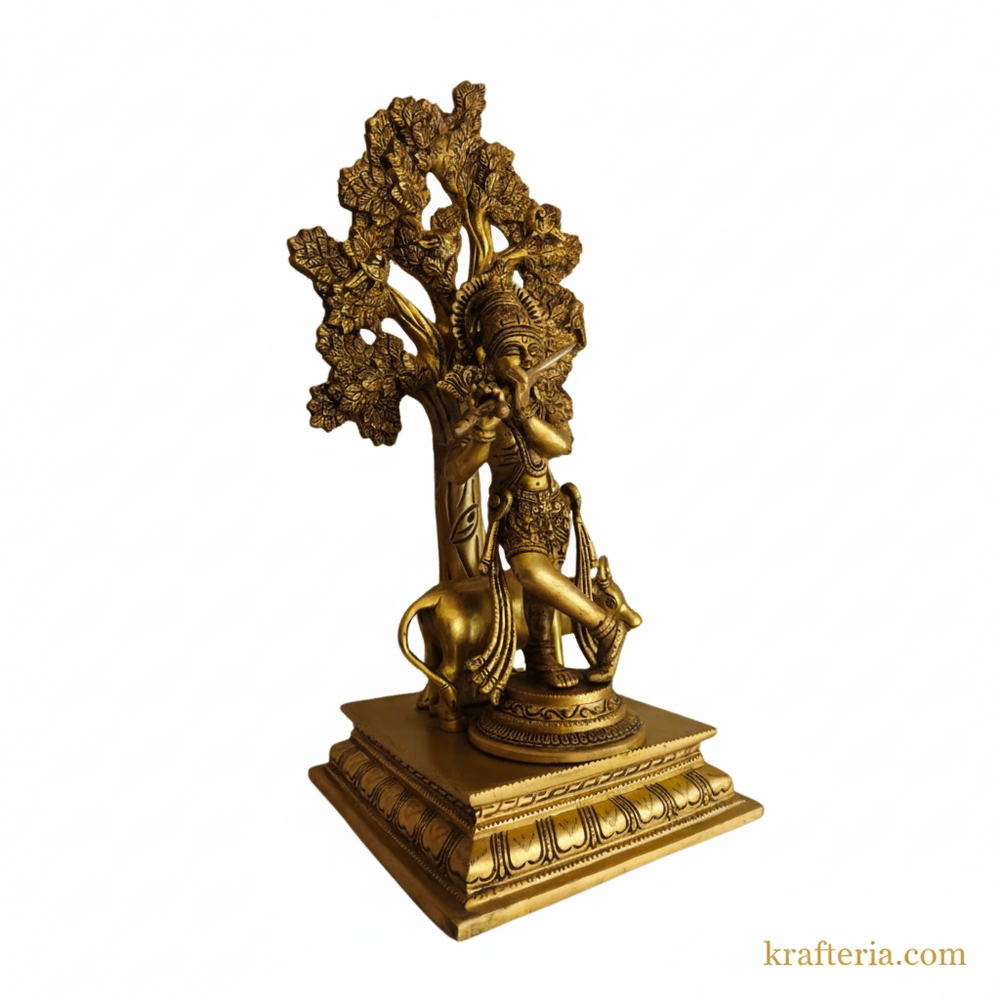 Brass Krishna Muralidhar Statue with Kadamba Tree and Cow | Handcrafted Divine Table Décor   Brass Artwork
