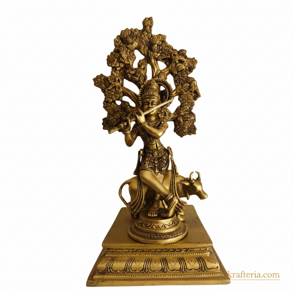 Brass Krishna Muralidhar Statue with Kadamba Tree and Cow | Handcrafted Divine Table Décor   Brass Artwork