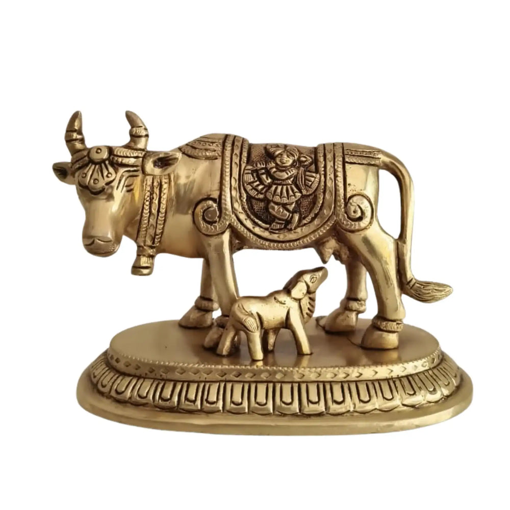 Brass Kamadhenu Cow and Calf Idol – Divine Gau Mata for Wealth   Brass Ware