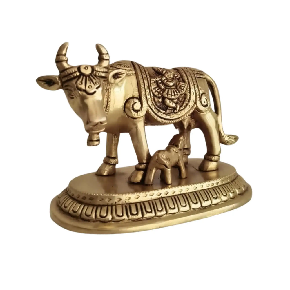 Brass Kamadhenu Cow and Calf Idol – Divine Gau Mata for Wealth   Brass Ware