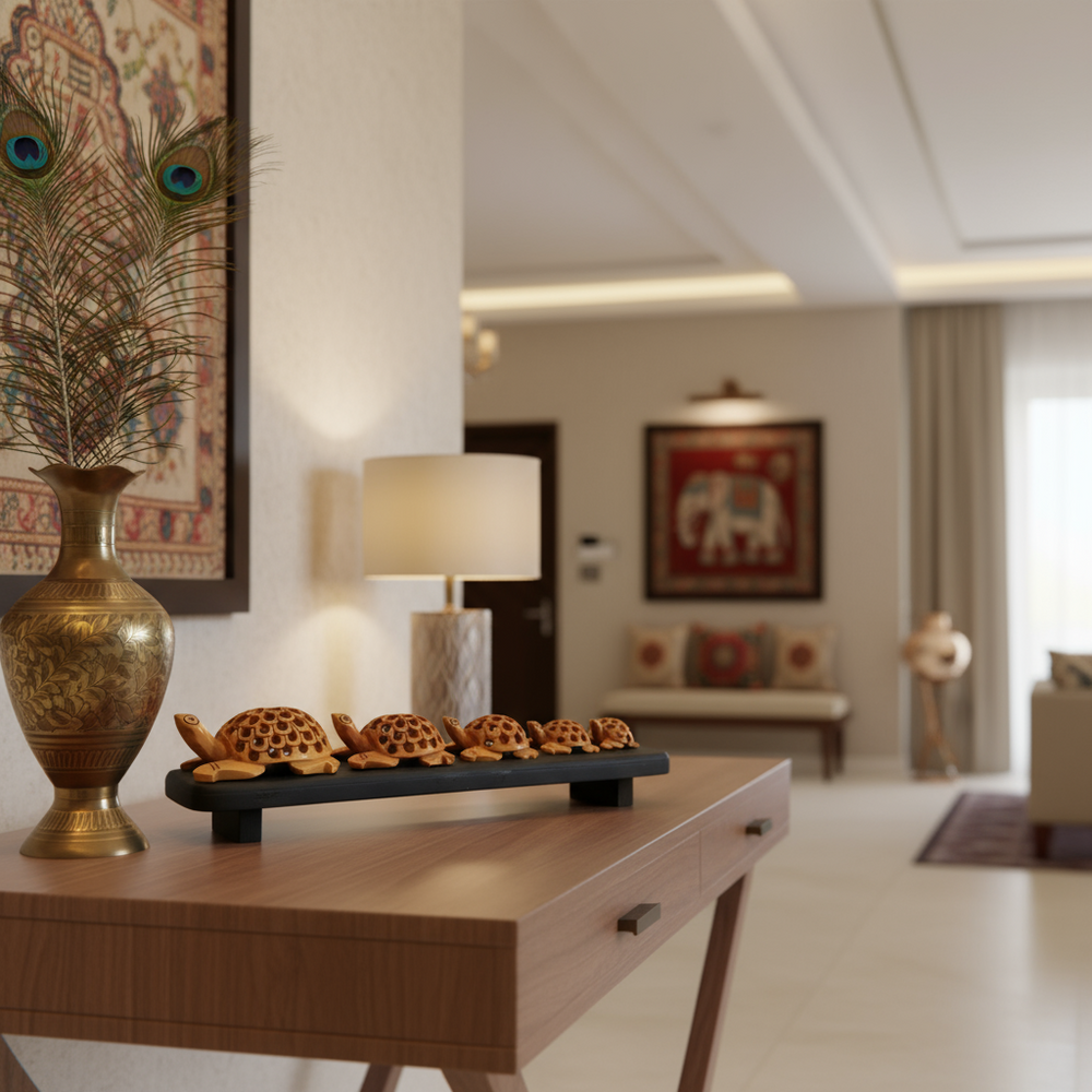 Set of six hand-carved wooden jali turtles displayed on polished wooden base symbolizing longevity and harmony