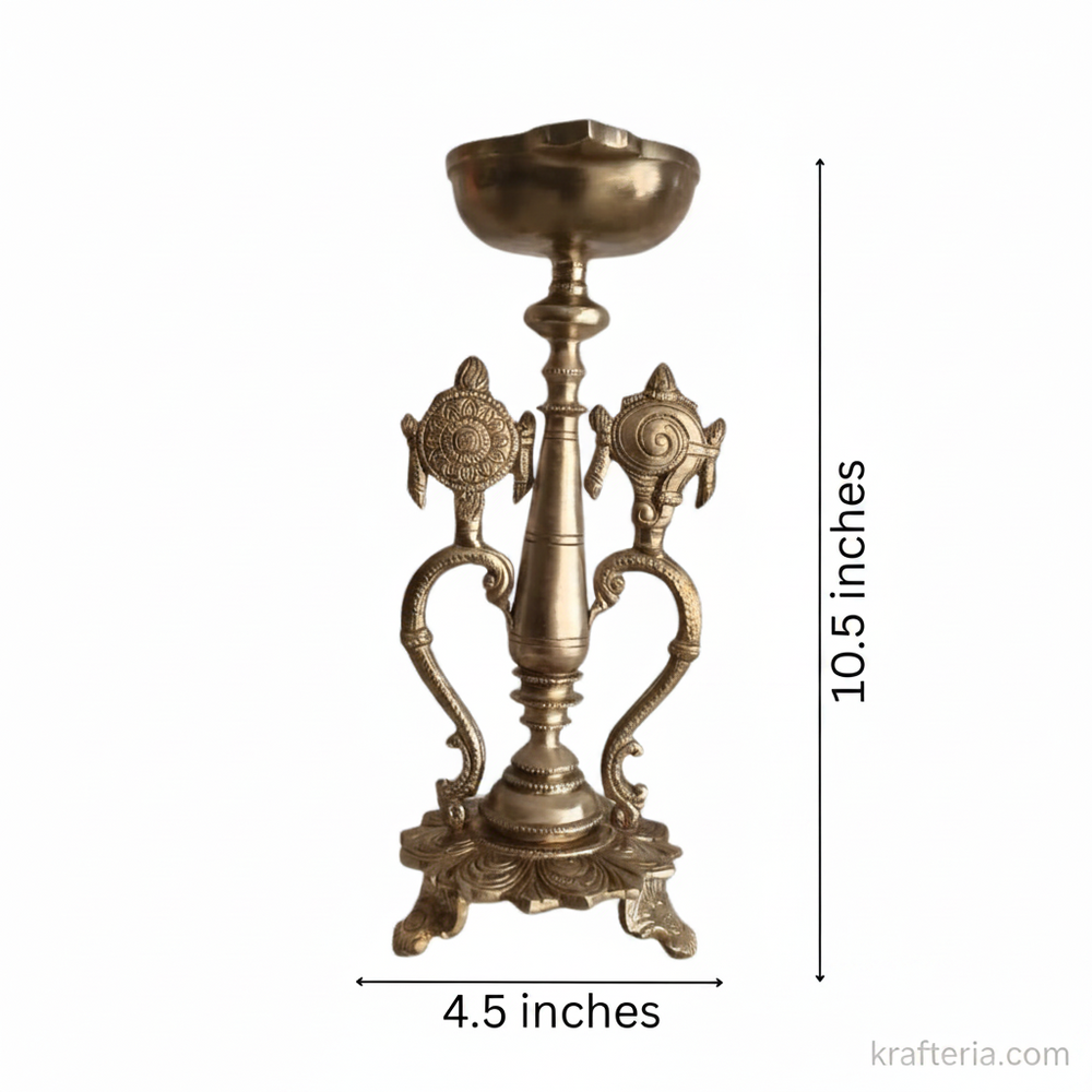 Sacred Brass Vishnu Shankh Chakra Pedestal Lamp | Traditional Divine Altar Diya   Brass Artwork