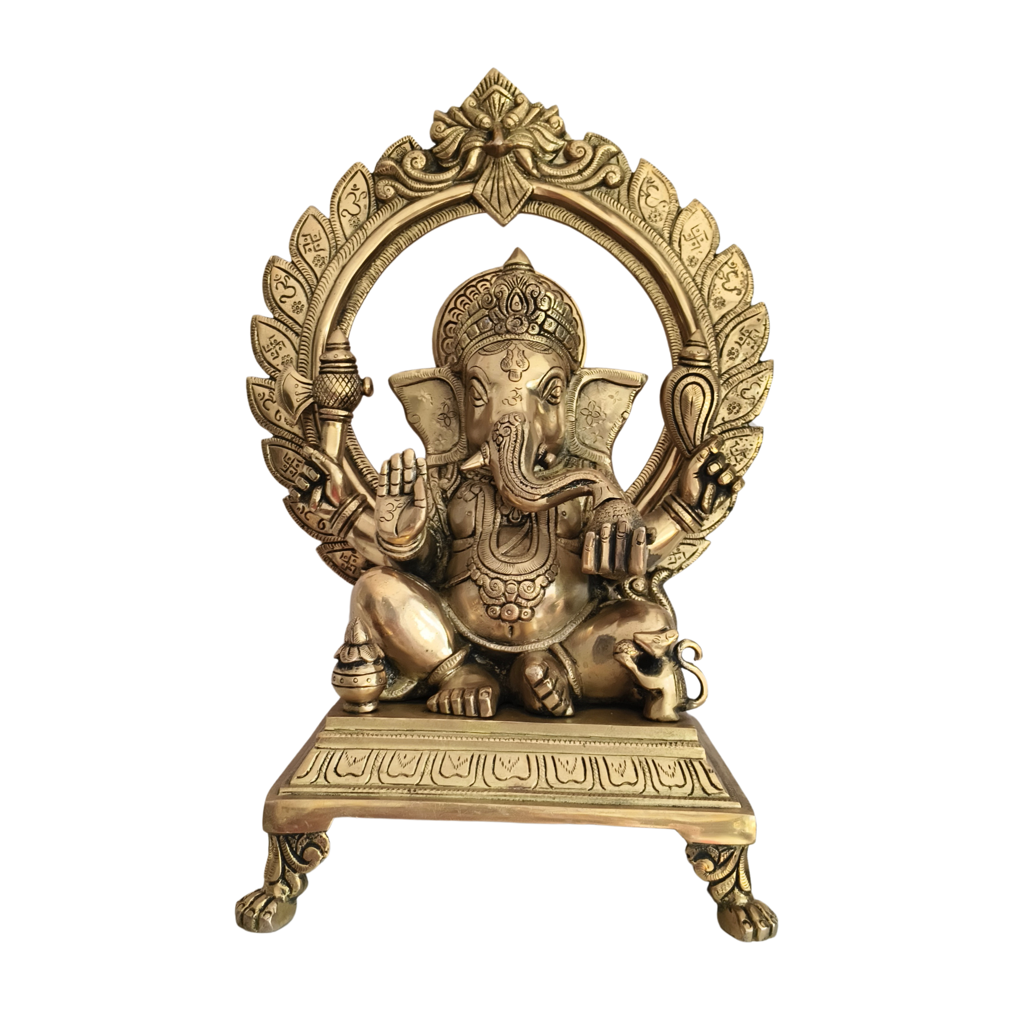 Brass Lord Ganesha Idol on Pedestal with Ornate Prabhavali Arch